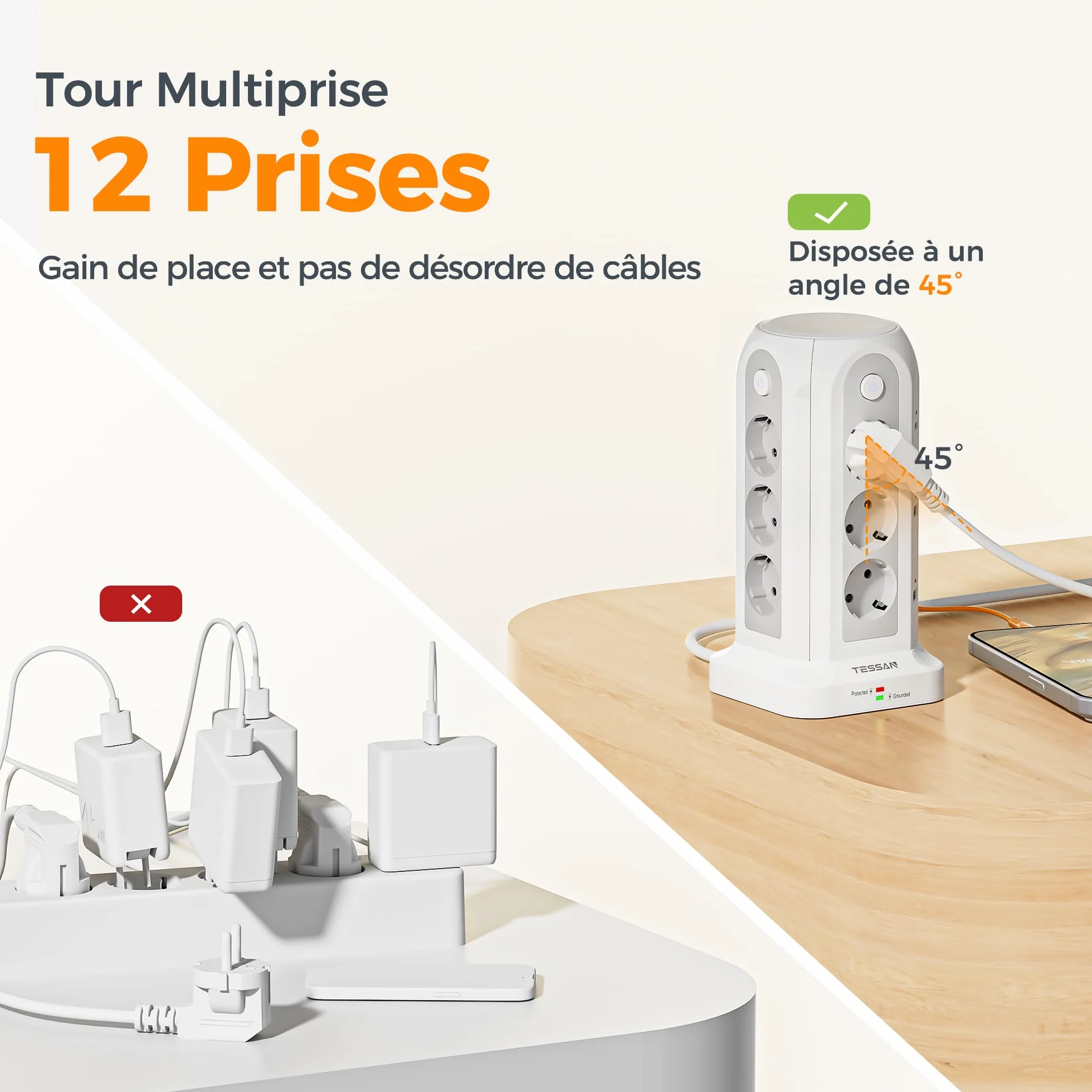 TESSAN Tour Multiprise avec Interrupteur, 12 Prises 6 USB (4A2C) 2m, Parafoudre 3680W Gris