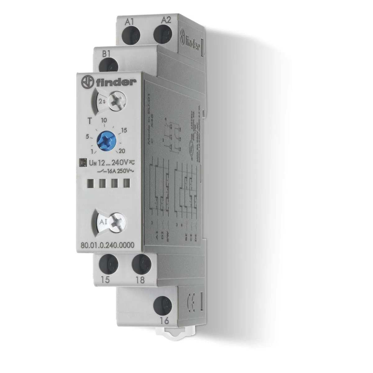 Finder 800102400000PAS Relais temporisé modulaire multifonction multi-tension 1RT 16 A 12-240 Vac/dc 0,1 s-24 h