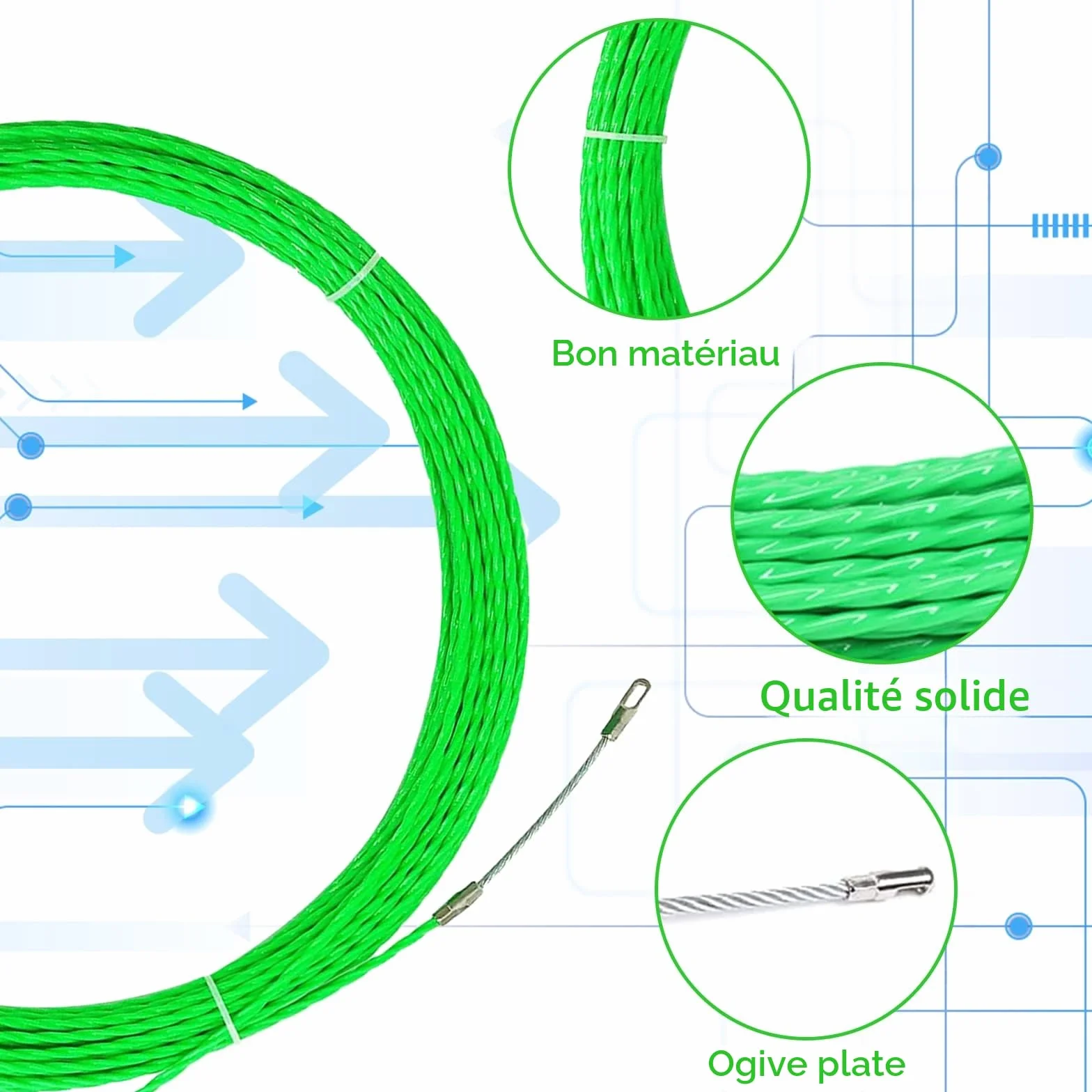 Aiguille Electricien Tire Fil Acier 50m 4,5mm avec 2 Ressorts de Guidage