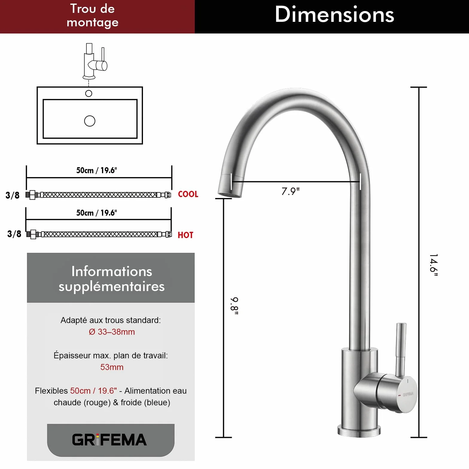 GRIFEMA G4008 Robinet de Cuisine Mitigeur Évier à Poignée Unique, Arc Élevé 360, Acier Inoxydable