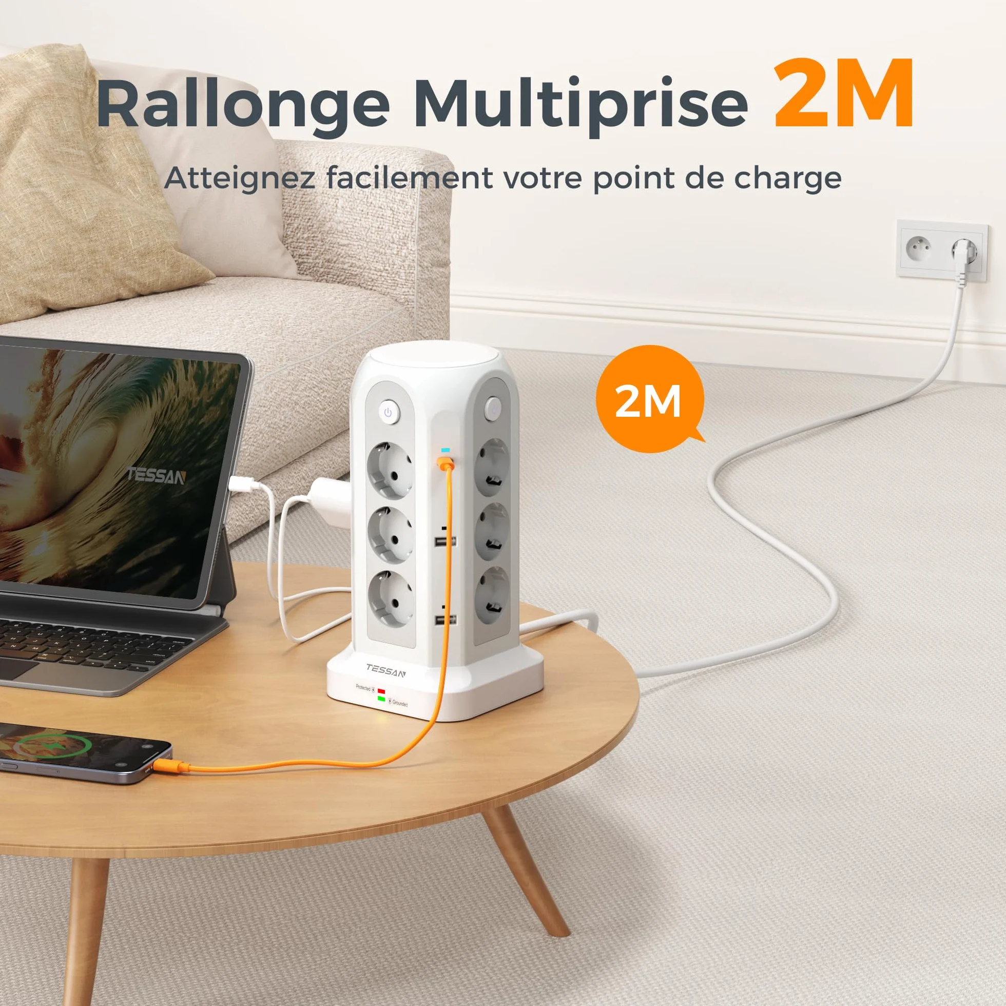 TESSAN Tour Multiprise avec Interrupteur, 12 Prises 6 USB (4A2C) 2m, Parafoudre 3680W Gris