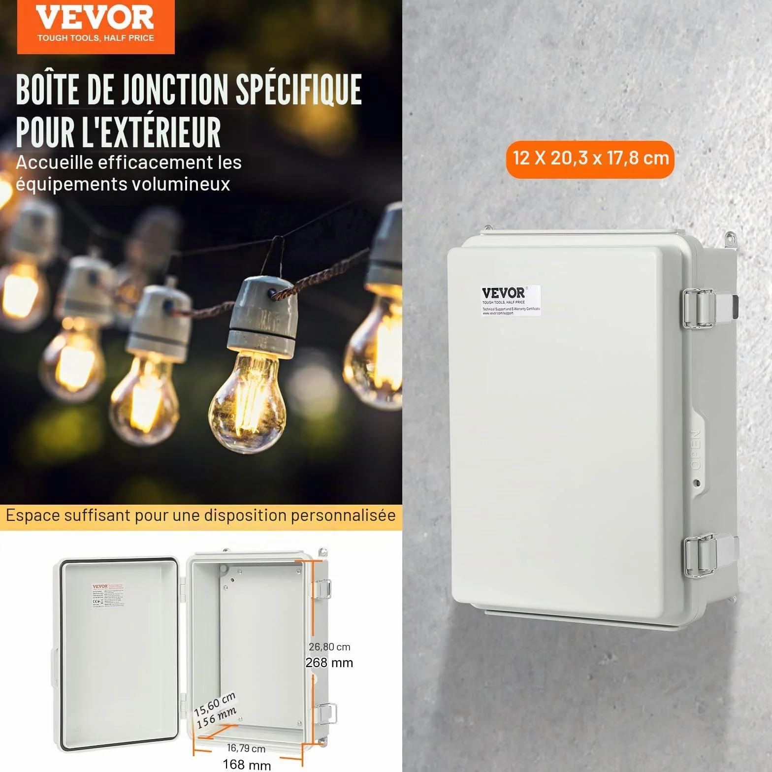 VEVOR Boîte de jonction électrique 300x200x180 mm ABS étanche IP67