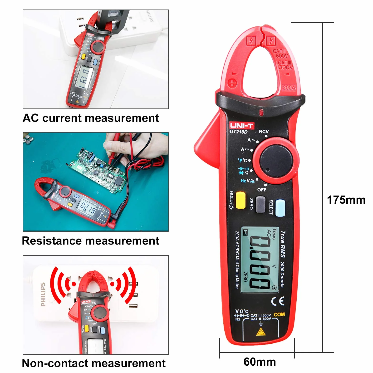 UNI-T UT210D Pince ampèremétrique numérique 200A AC DC Vrai RMS Multimètre