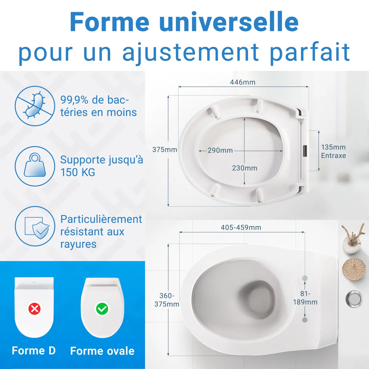 LOBENSWERK Abattant WC avec frein de chute duroplast antibactérien UV résistant Lunette de toilette clipsable universelle ovale