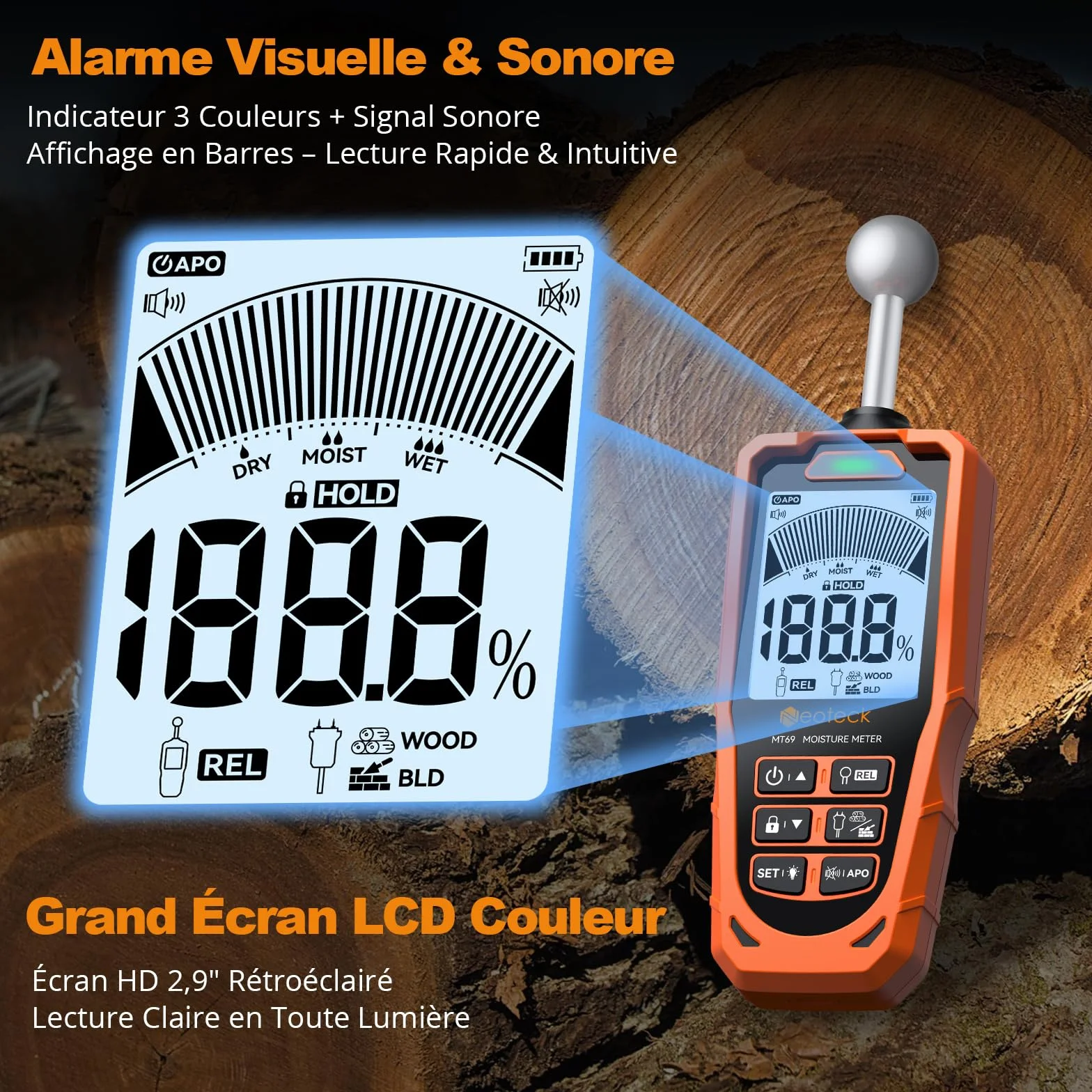 Neoteck Testeur Humidité 2 en 1 à Sondes Sphérique et à Aiguilles ±2.5% pour Bois Béton Humidimètre Numérique LCD