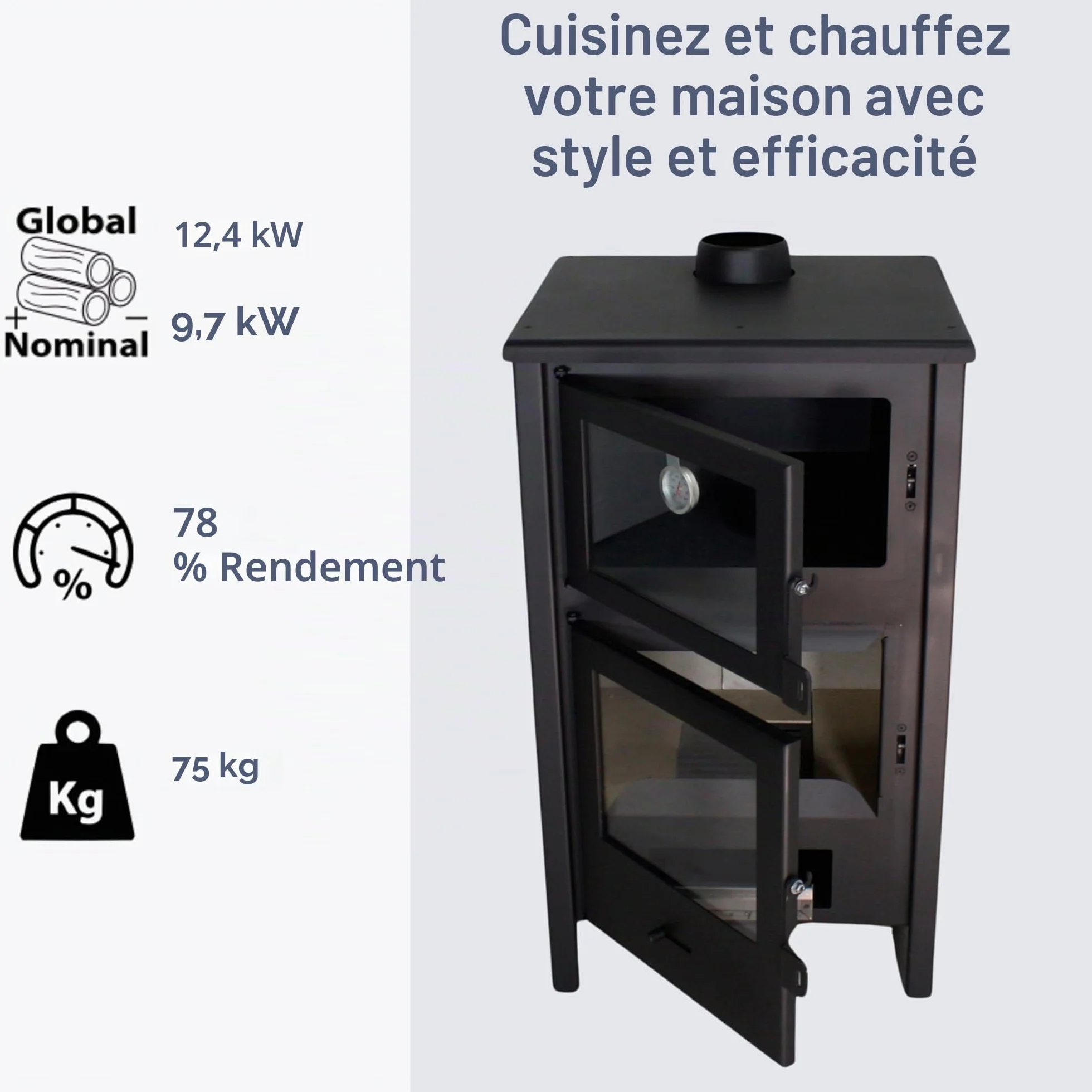 Poêle à Bois EIDER BIOMASA Quartz 12,4 kW 89 x 47 x 52 cm Fonte Classe A