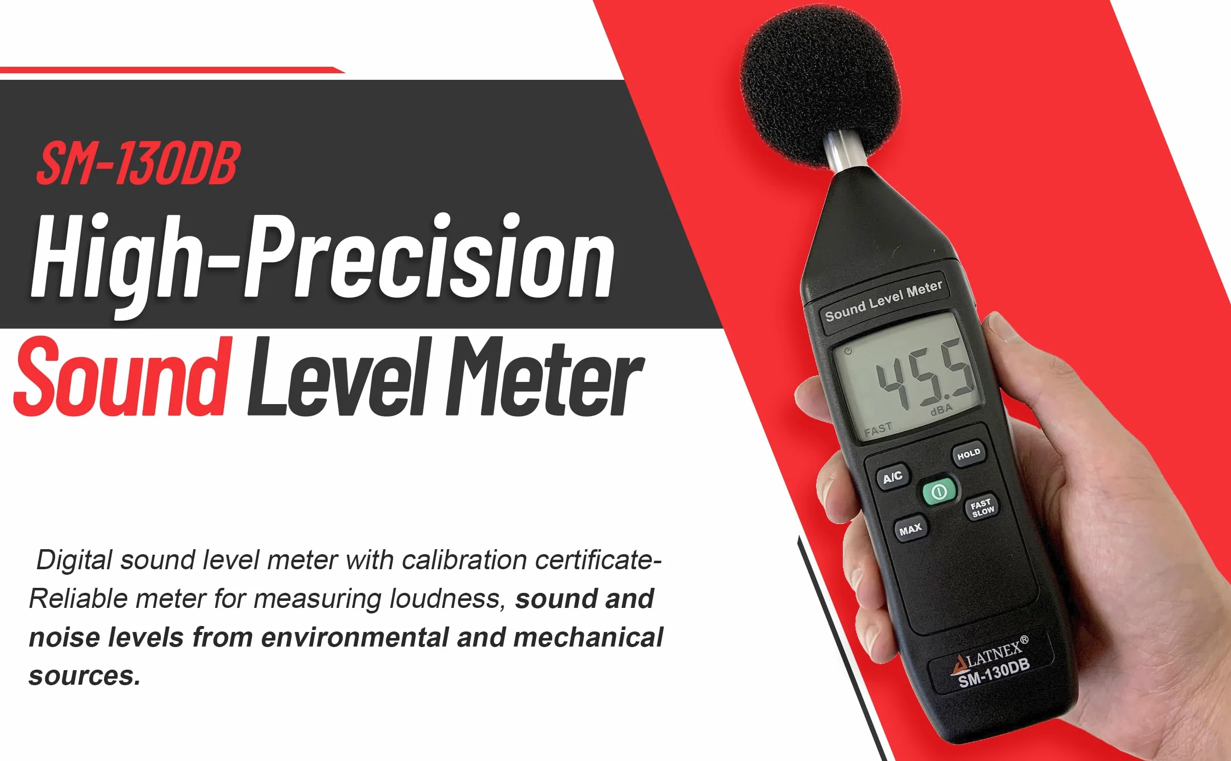 LATNEX SM-130DB Lecteur de Décibels Numérique avec Certificat d'Étalonnage, Appareil de Mesure de Niveau Sonore Type 2
