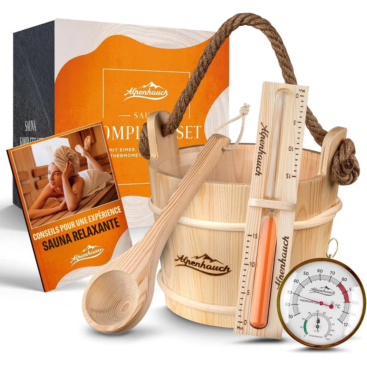 ALPENHAUCH Seau de sauna bois naturel avec cuillère, sablier, thermomètre – Set de seaux à verser