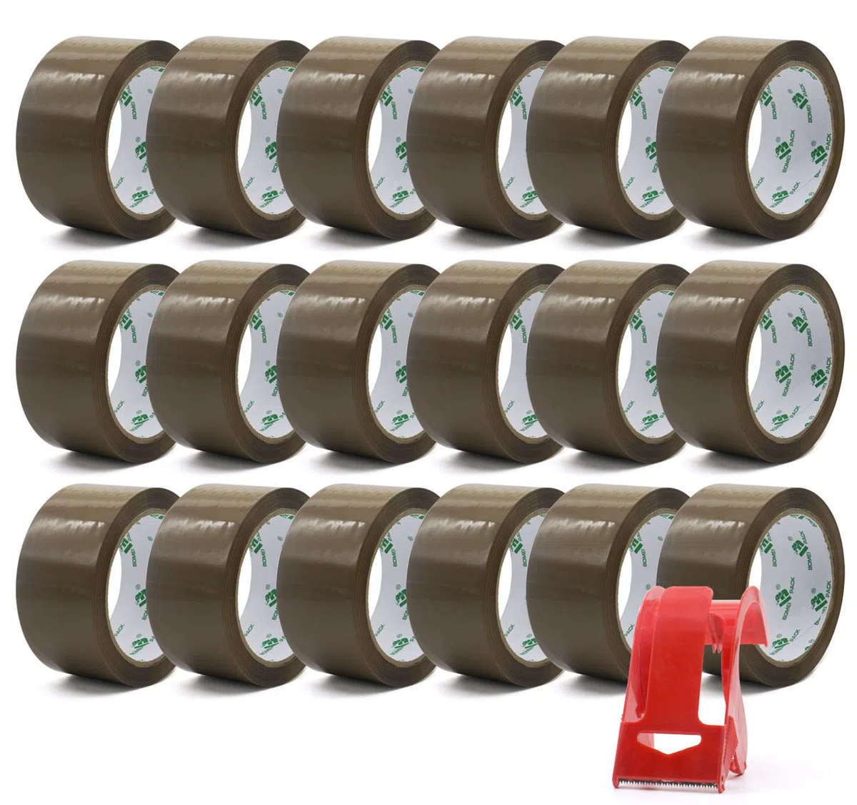 BOMEI PACK Ruban Adhésif Marron 66m x 48mm Lot de 18 Rouleaux avec Dérouleur