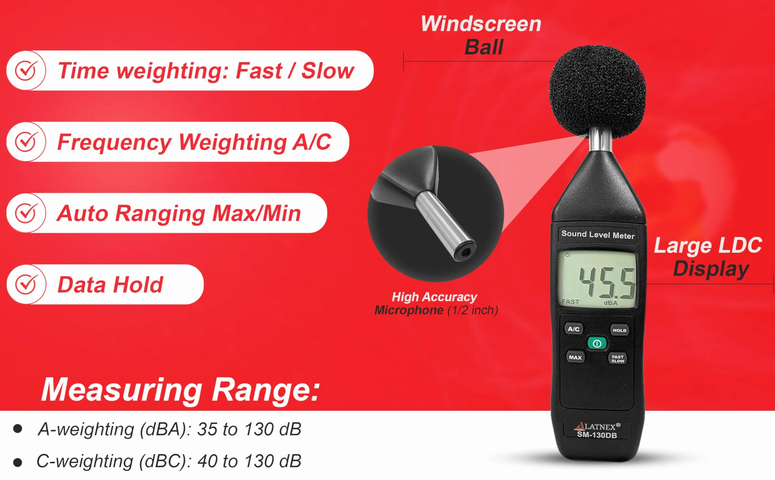LATNEX SM-130DB Lecteur de Décibels Numérique avec Certificat d'Étalonnage, Appareil de Mesure de Niveau Sonore Type 2