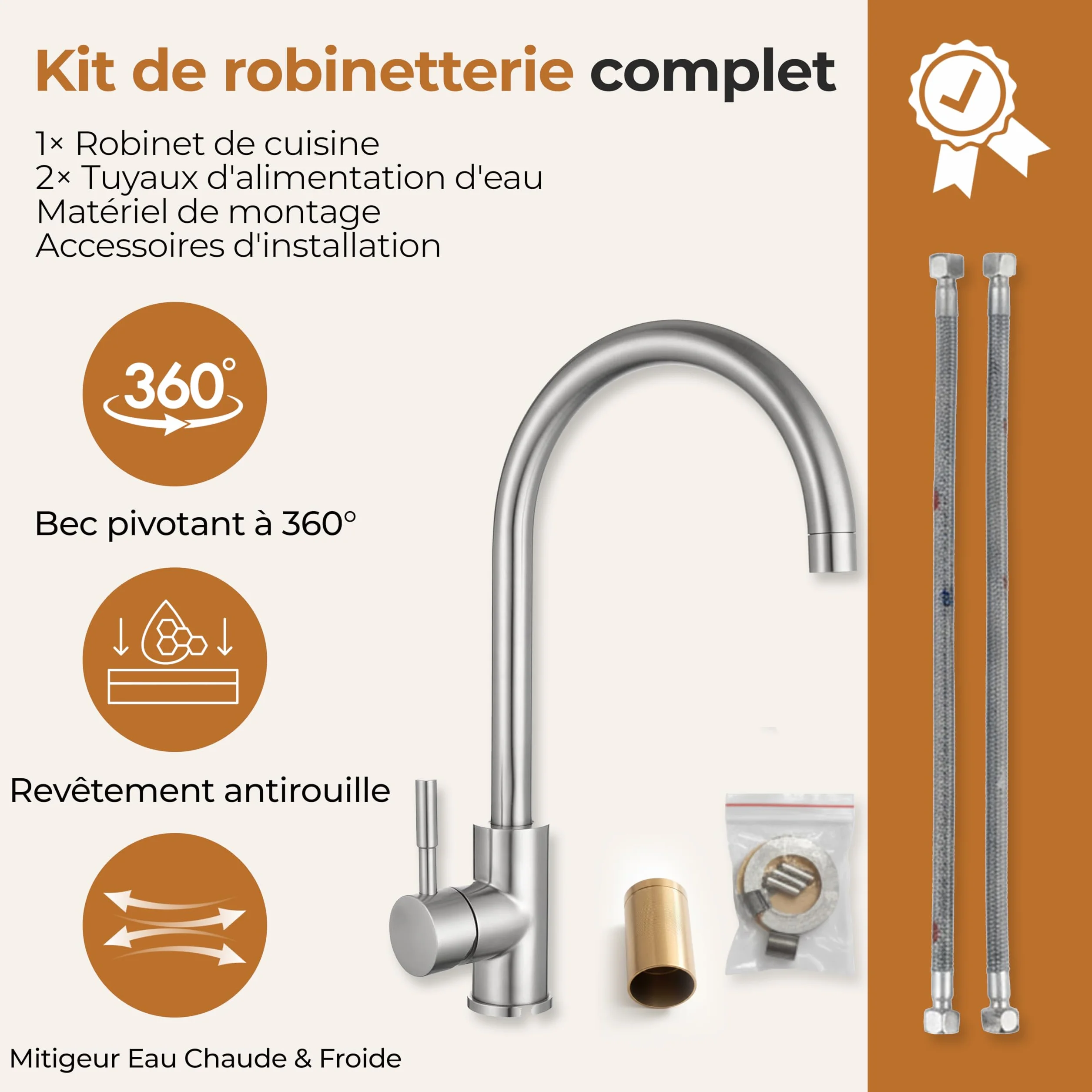 MELTA Mitigeur Évier Arc Élevé Acier Inoxydable Robinet Cuisine Pivotant 360° Levier Unique Chrome Poli