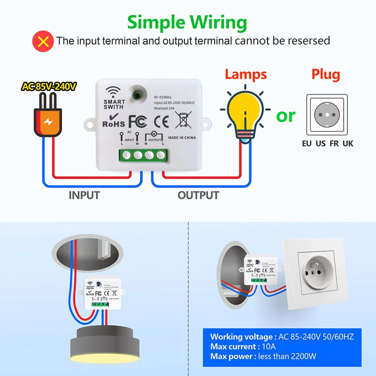 Kit interrupteur sans fil va et vient 433 MHz 150 mètres 2200W 1 interrupteur 3 récepteurs