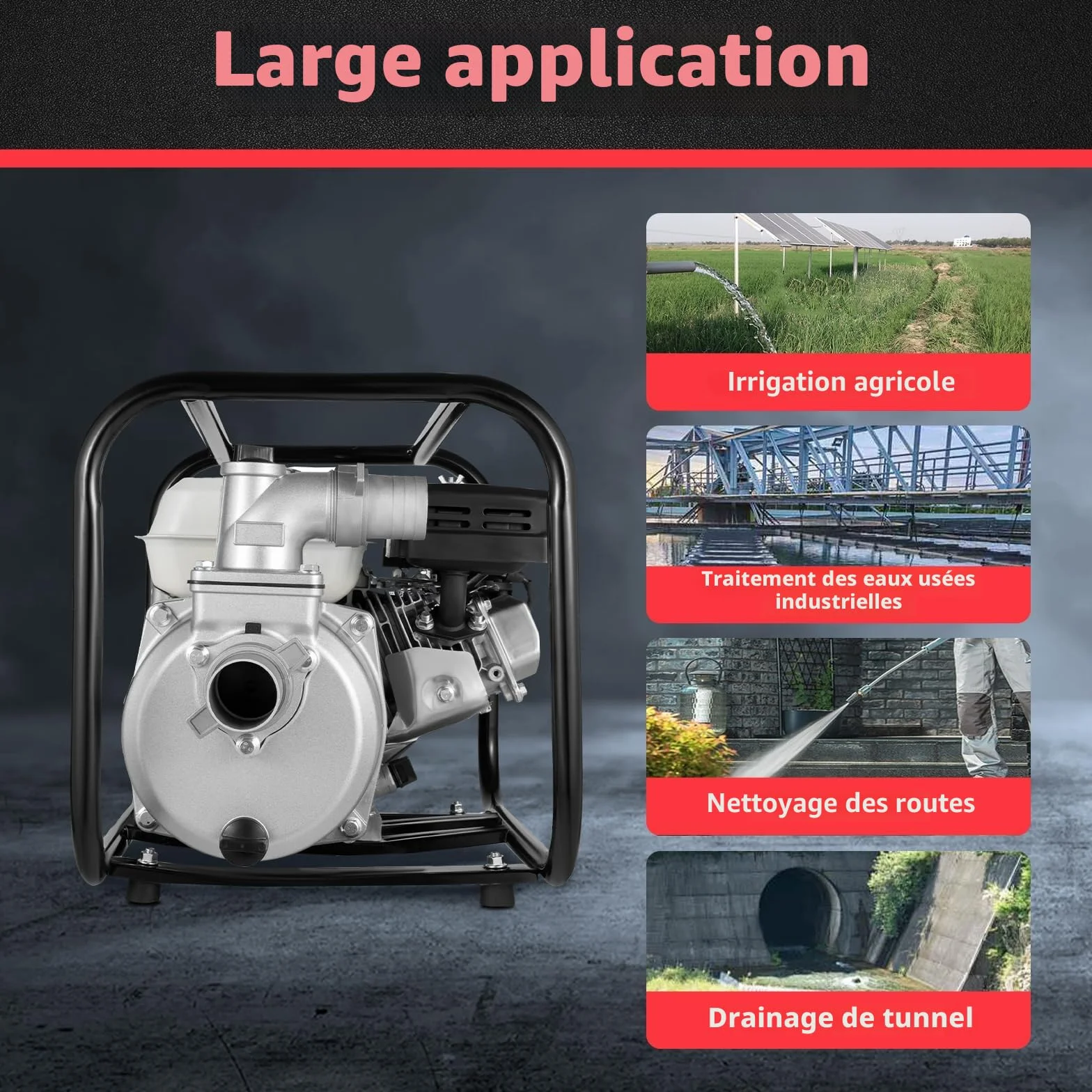 Pompe à eau à essence Moteur 4 temps 6,5 CV 210 CC 4,8 kW Motopompe eaux usées Raccord 2 pouces Hauteur refoulement 28 m Débit 36000 l/h