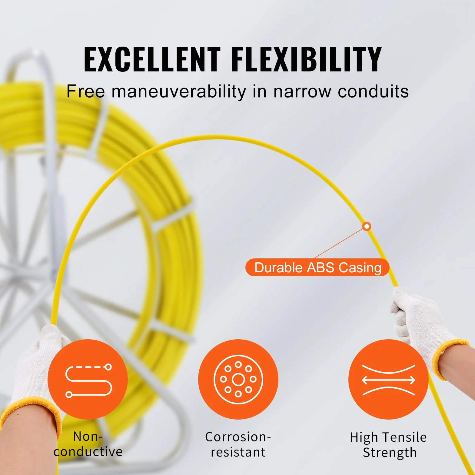 VEVOR Ruban à Poisson en Fibre de Verre 129,5 m 6,35 mm Aiguille Électricien Tirage Câble Extracteur Bobine Conduit Support Acier 3 Têtes
