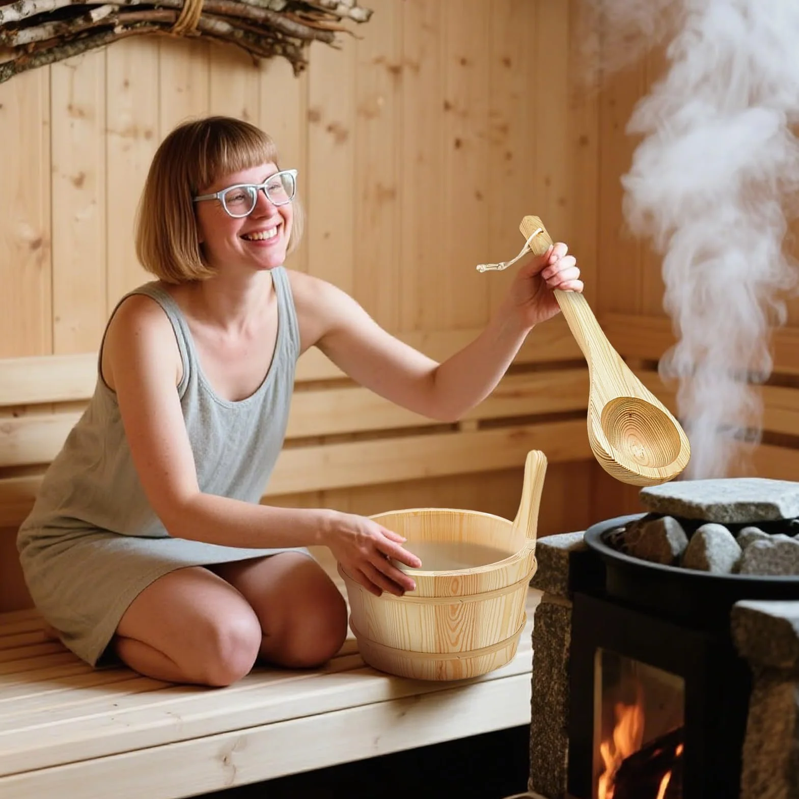 Seau à sauna en bois 4 l avec longue cuillère - Accessoires de bain