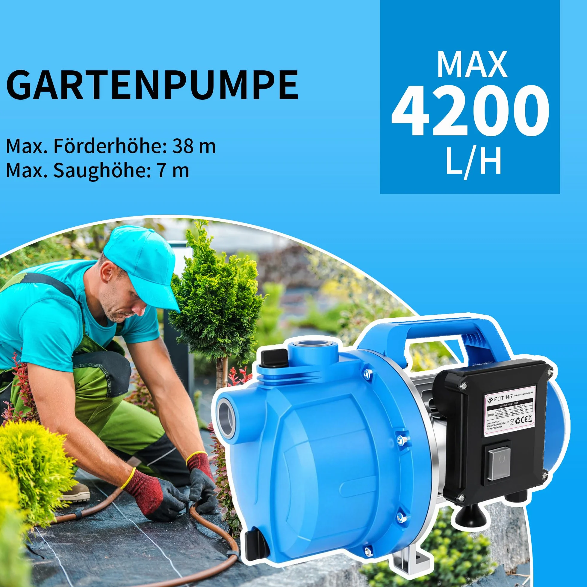 FOTING Pompe de jardin 4200 L/h 600 W HMT 38 m 4,5 bar Aspiration 7 m Raccord G1"