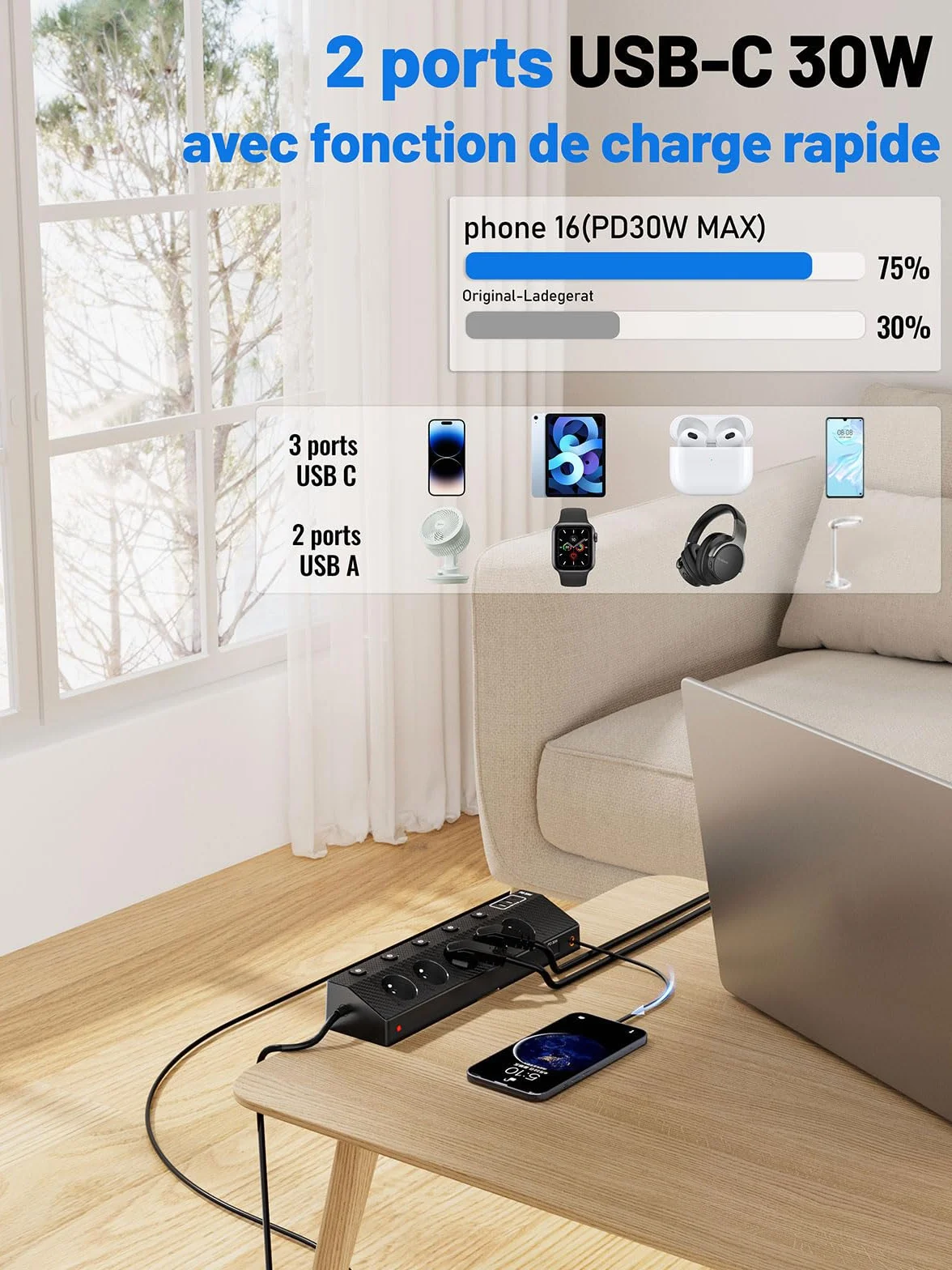 Multiprise Française USB PD 30W 5 Prises Secteur 5 USB 4000W Parafoudre Surtension 3M Noir