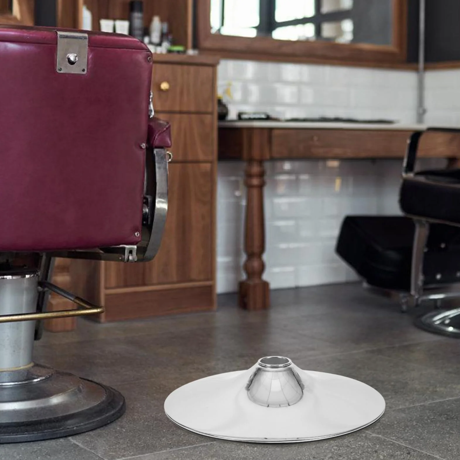 Socle Pivotant Fauteuil Salon Barbier Acier Inoxydable Robuste Argenté Accessoire Coiffure