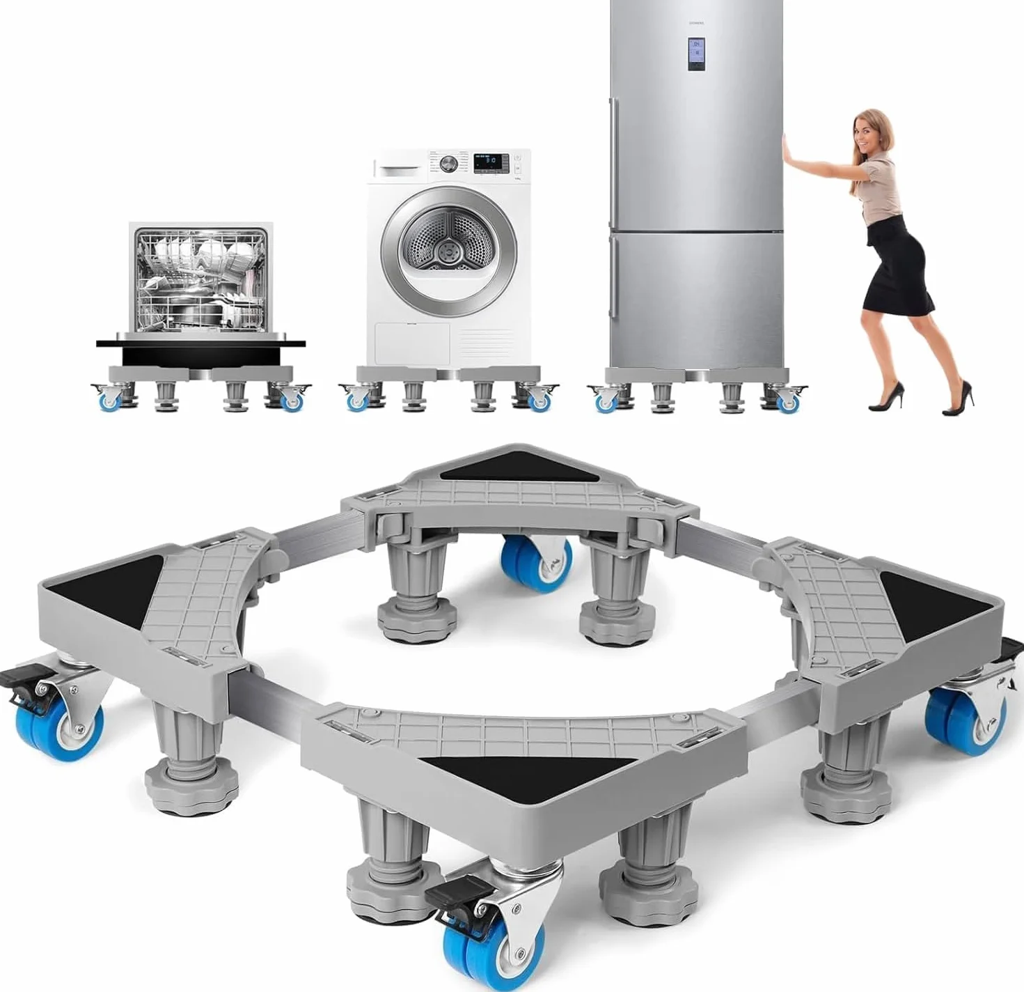 Support Machine à Laver Réglable 42-66 cm Socle Lave Linge 8 Pieds 4 Roues Base Antidérapante 300 kg