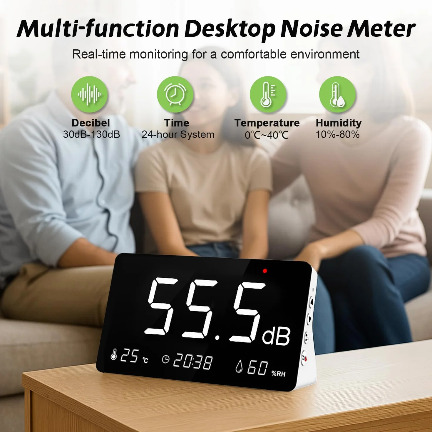 Sonomètre numérique 30-130dB avec journalisation des données, alarme, enregistrement 26000 données, pondéré A, rechargeable