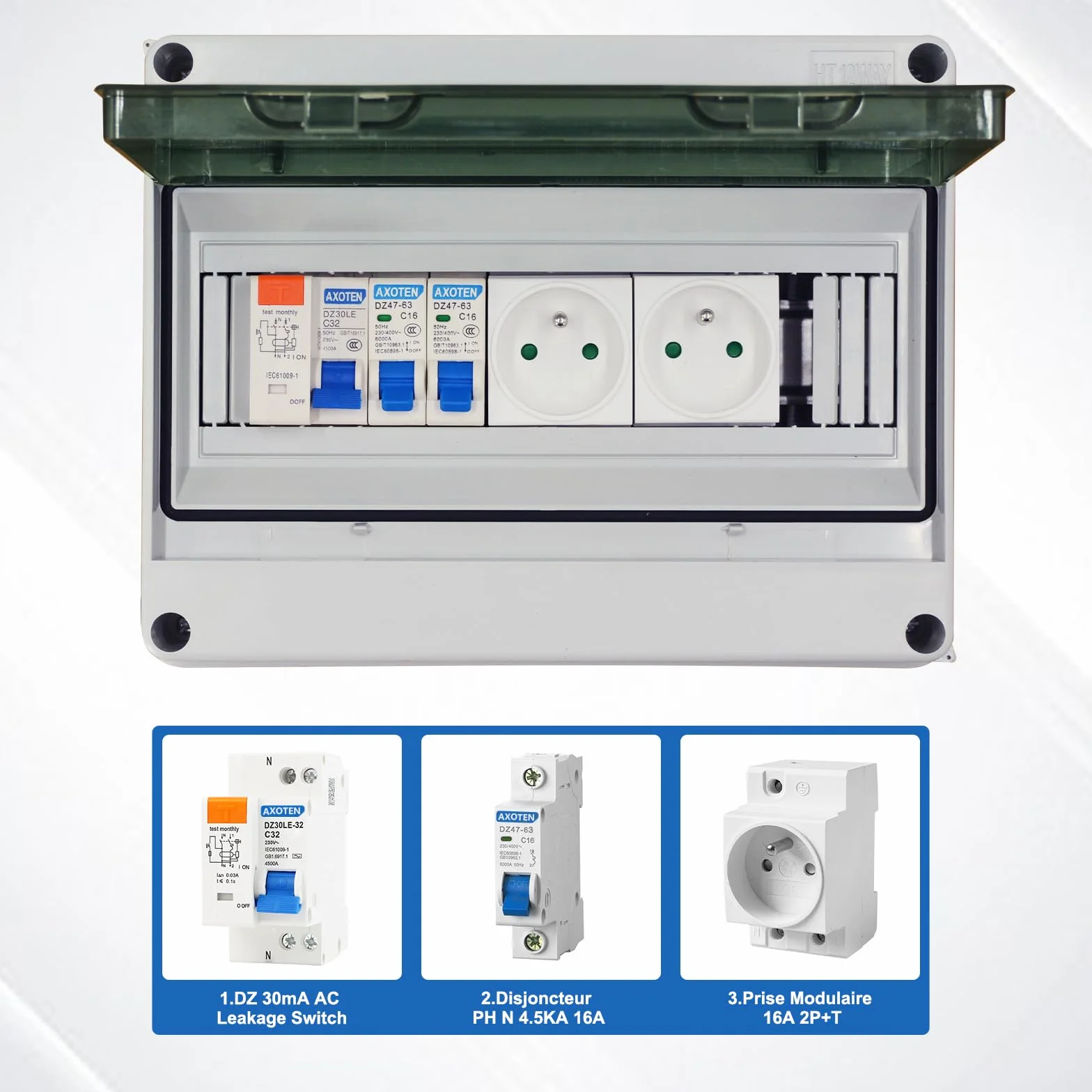 Boîte à fusibles en saillie IP65 Simmpatuu Coffret électrique étanche IP65 DZ 30mA AC Interrupteur de Fuite 1 Disjoncteur 16A 2 prise modulaire 16A 2P+T