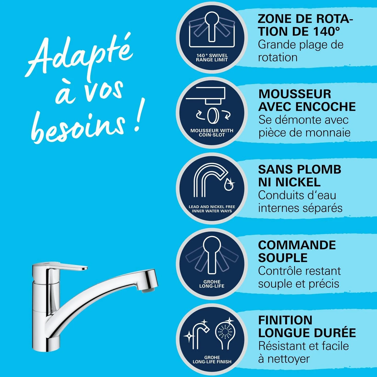 GROHE StartEco Mitigeur Monocommande Évier, Robinet Cuisine, Bec Bas, Rotation 140°, Chromé