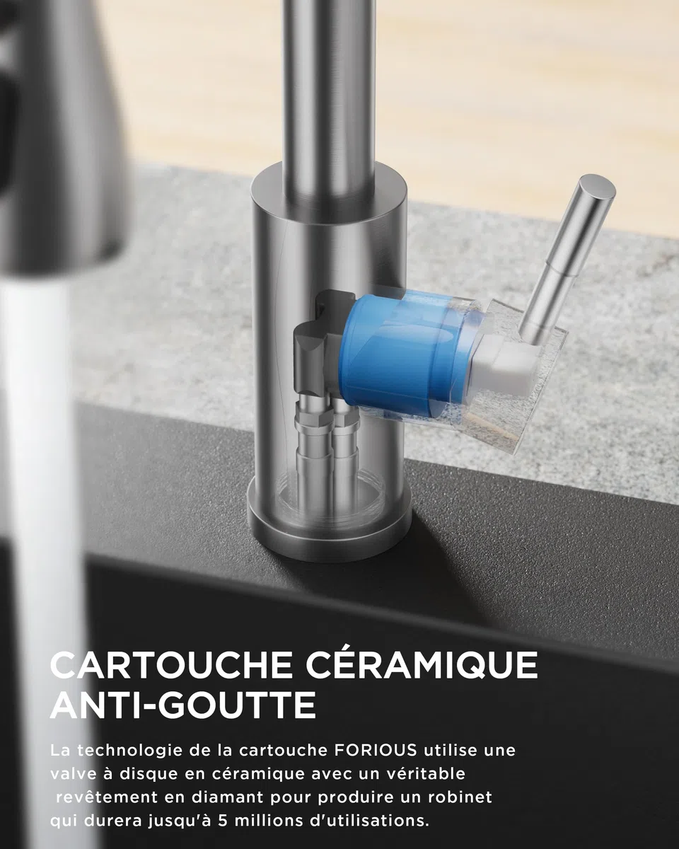 FORIOUS Mitigeur Cuisine Pivotant 360° Arc Élevé Pulvérisateur Escamotable 2 Modes Acier Inoxydable