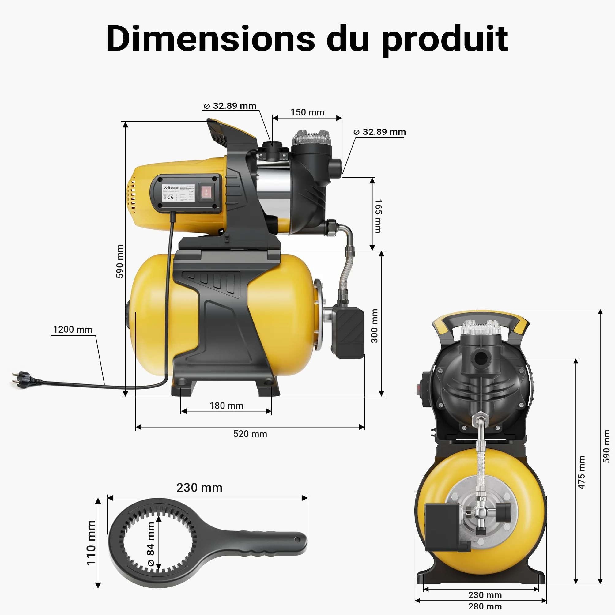 Wiltec Station d'eau domestique 1300 W 5000 l/h H 50 m P 7 m 2850 tr/min réservoir 24 L Arrosage irrigation jardinage
