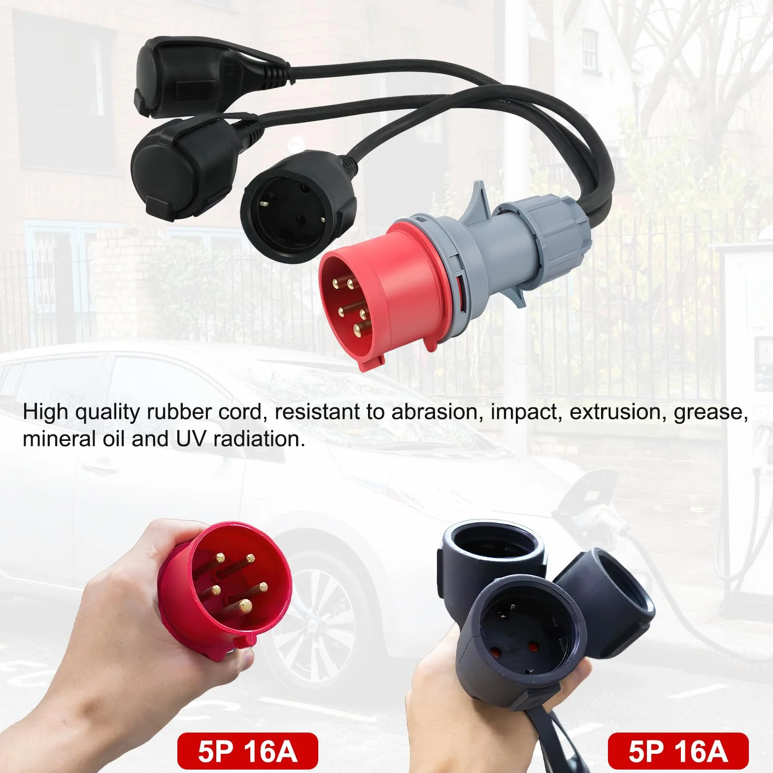 Adaptateur Prise Triphasée vers Monophasé 16A 400V vers 3 Prises 230V avec Couvercle et Bouchon de Sécurité