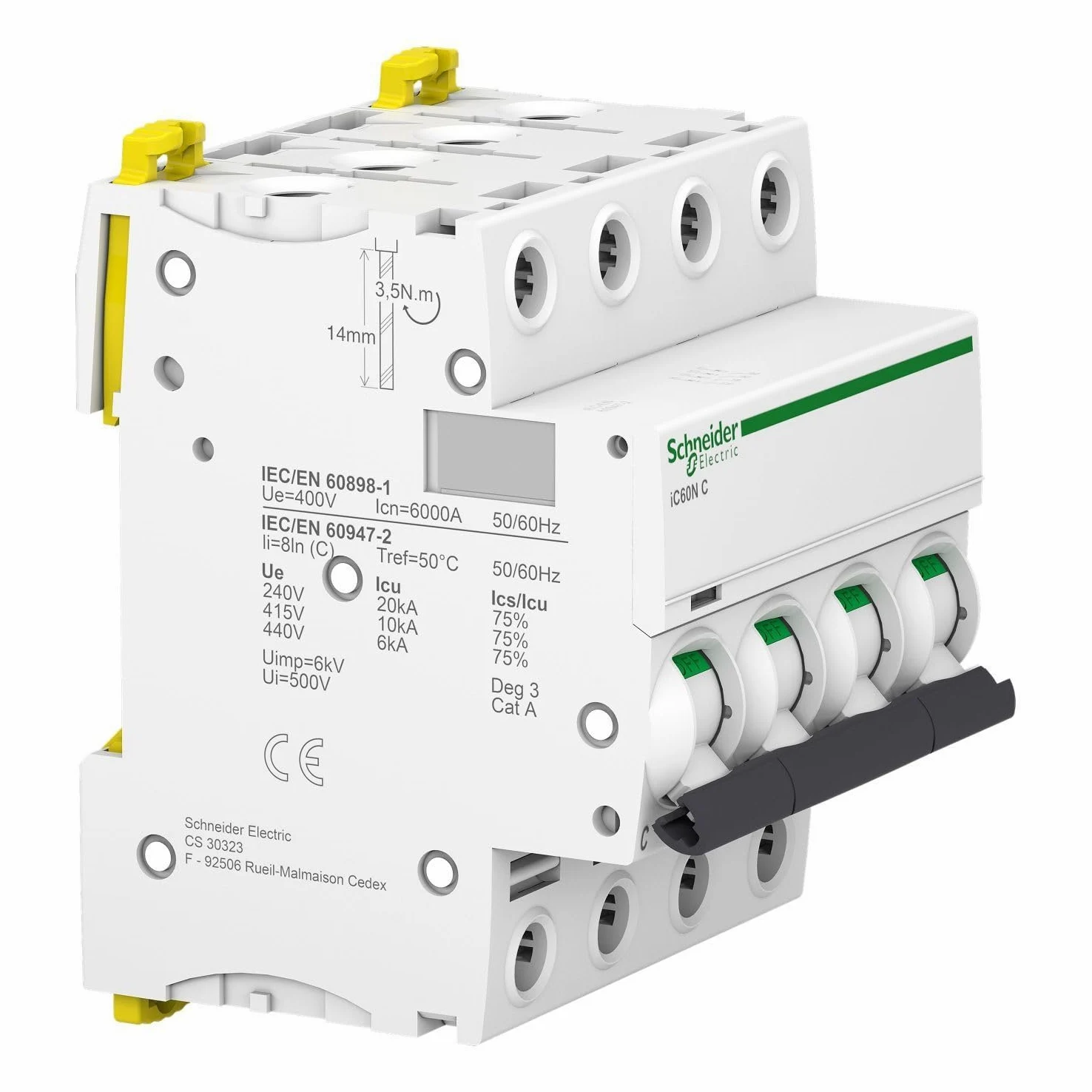 Schneider Electric Acti9 IC60N disjoncteur 4P 32A courbure C 50/60Hz 85x72x78.5mm Blanc