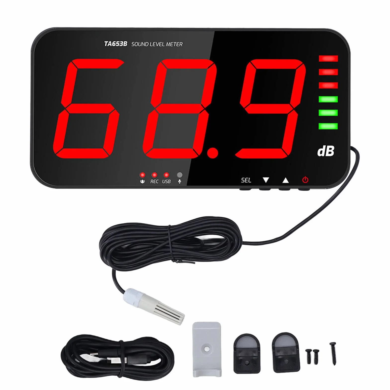 Sonomètre TA654B 30dB-130dB DC5V 1A Micro USB Écran 13 Pouces Affichage 3 Chiffres avec Alarme