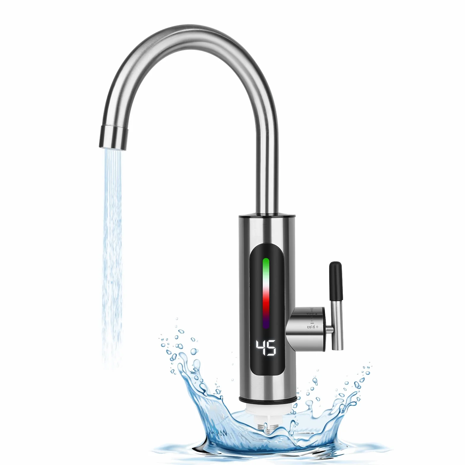 Robinet d'eau Chaude et Froide en Acier Inoxydable avec Affichage LED et Chauffe-eau Instantané, Rotatif à 360°