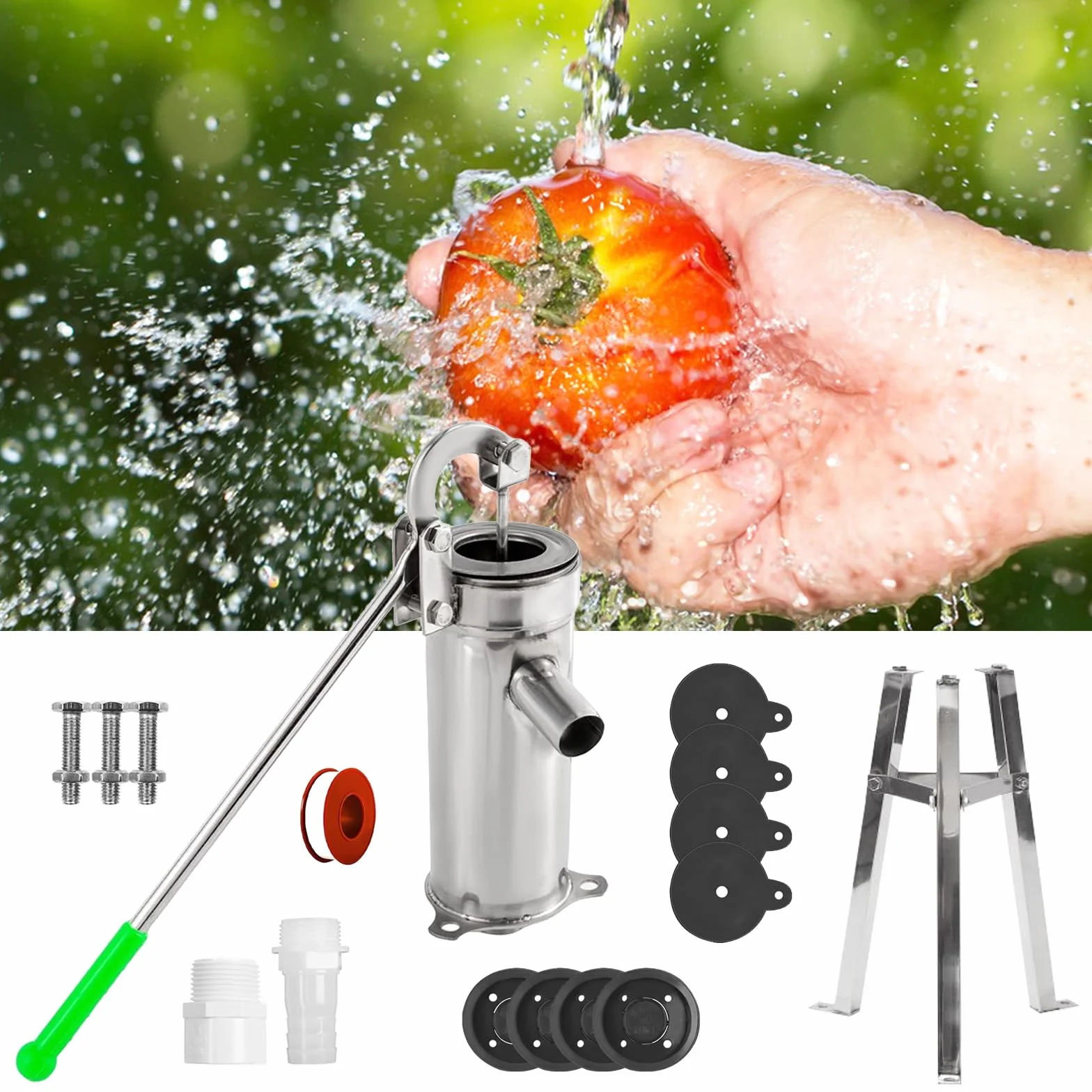 Pompe à Main en Acier Inoxydable 58 cm Kit Complet pour Puits Jardin