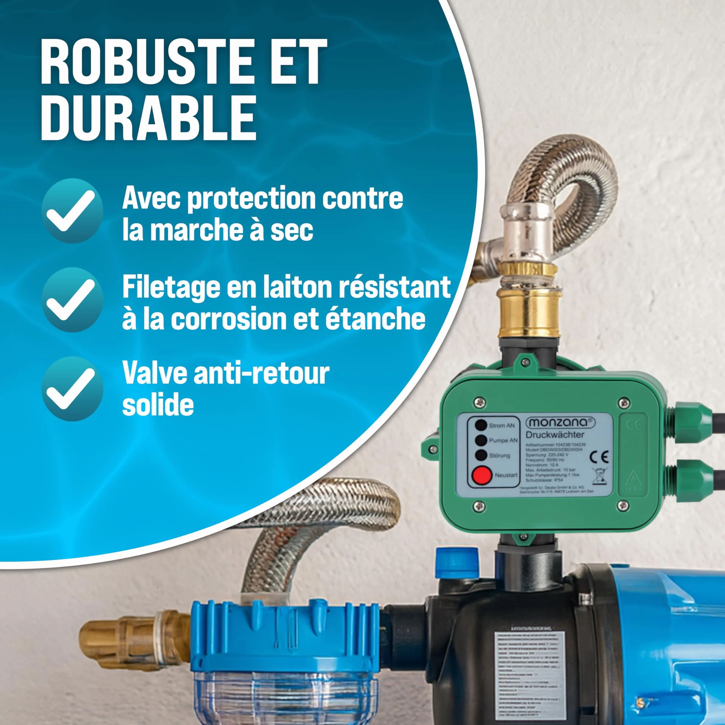 MONZANA Pressostat pompe eau 10 bar protection fonctionnement à sec contrôleur pression