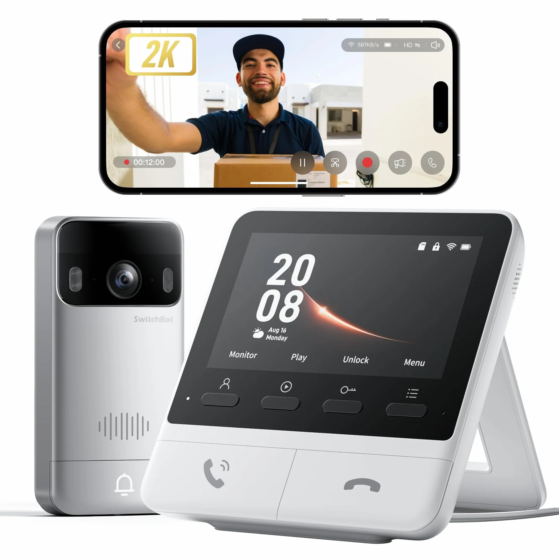 SwitchBot Sonnette sans Fil avec Camera 2K, Visiophone sans Fil 4,3 Pouces, Angle 165°, 5000 mAh, Audio bidirectionnel, Compatible Alexa