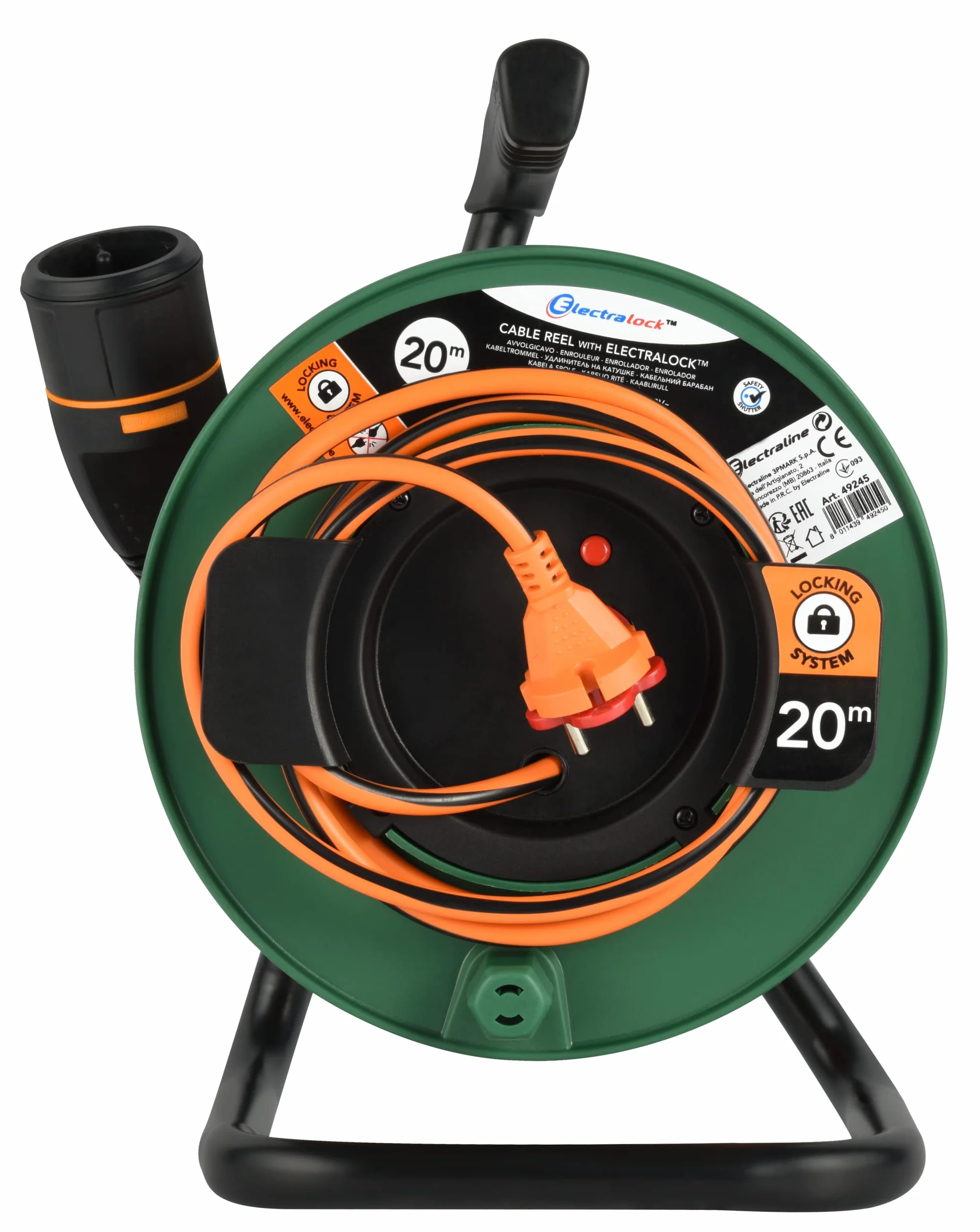 Electraline Rallonge Prolongateur Jardin avec Enrouleur 20 M 2 x 1.5 mm Prise Européenne Electralock Noir Orange