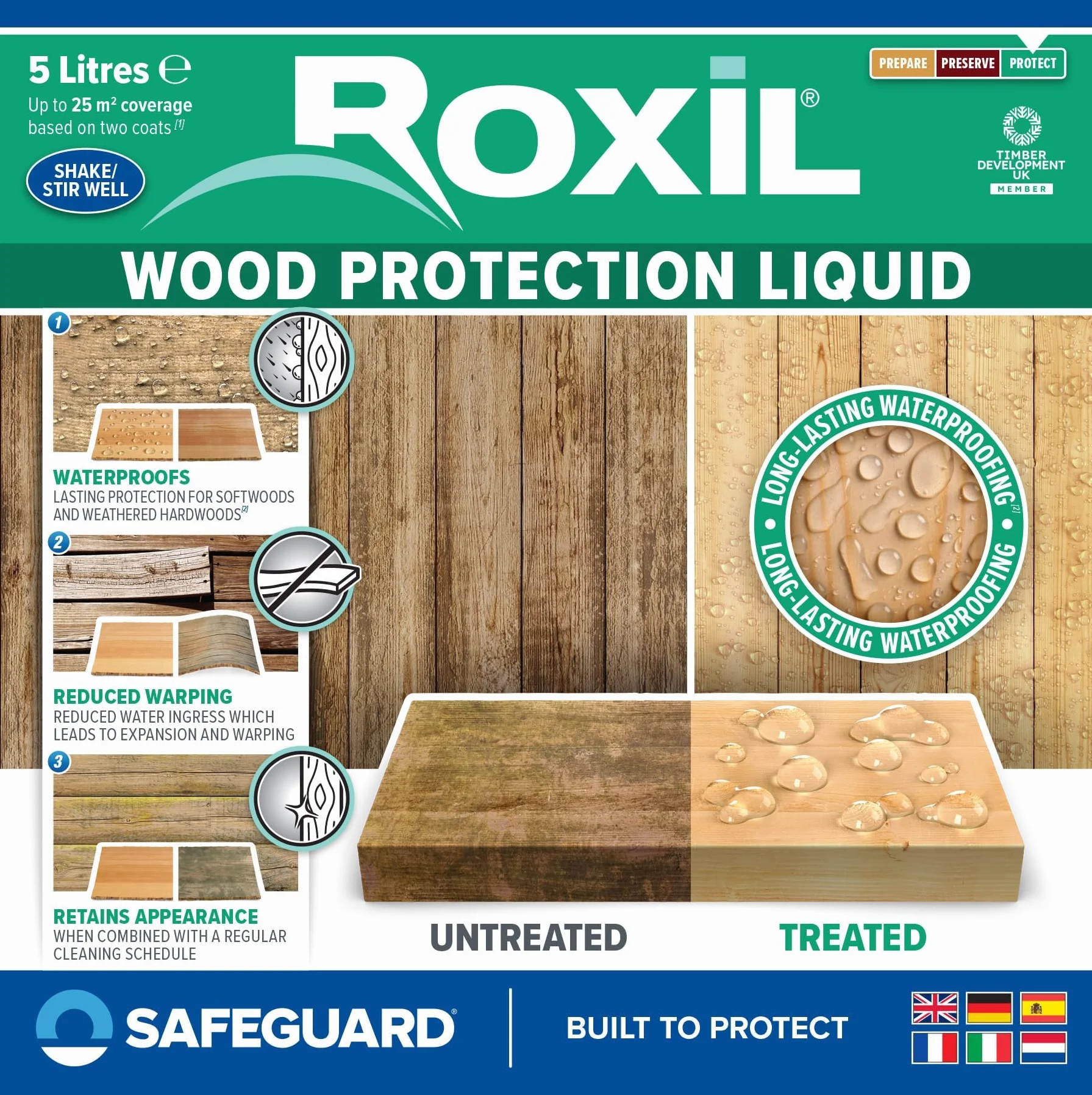 Roxil Liquide Imperméabilisant pour Bois 5 litres Protection Hydrofuge Extérieur Incolore 25m2