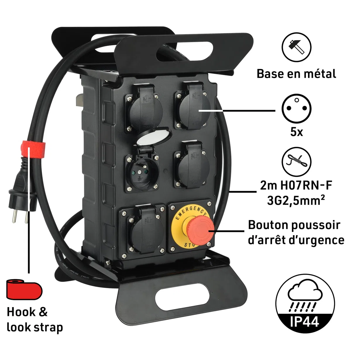 Electraline Coffret de Chantier 16A 5 Prises Françaises IP44 avec Disjoncteur Différentiel 30mA