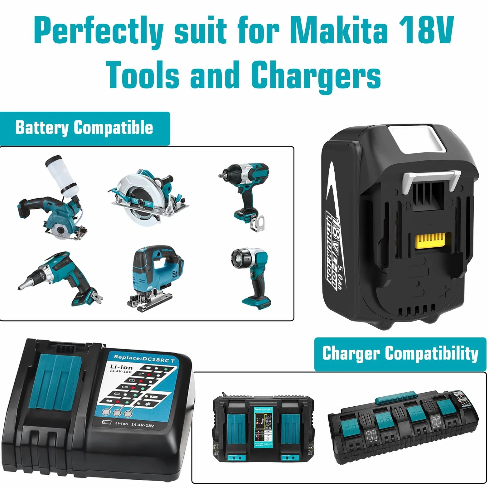 Makita 18V 5000mAh Batterie de Rechange 2 Pièces + 3A Chargeur DC18RCT Compatible BL1830 BL1850 BL1860 BL1840