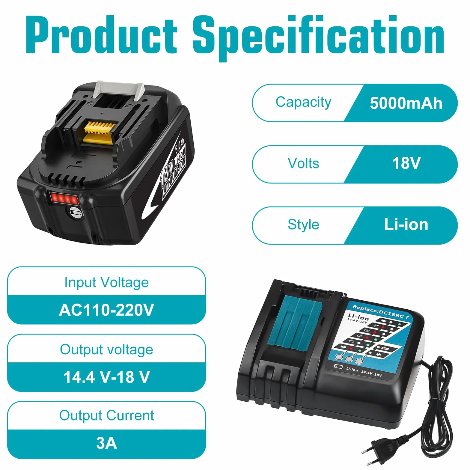 Makita 18V 5000mAh Batterie de Rechange 2 Pièces + 3A Chargeur DC18RCT Compatible BL1830 BL1850 BL1860 BL1840