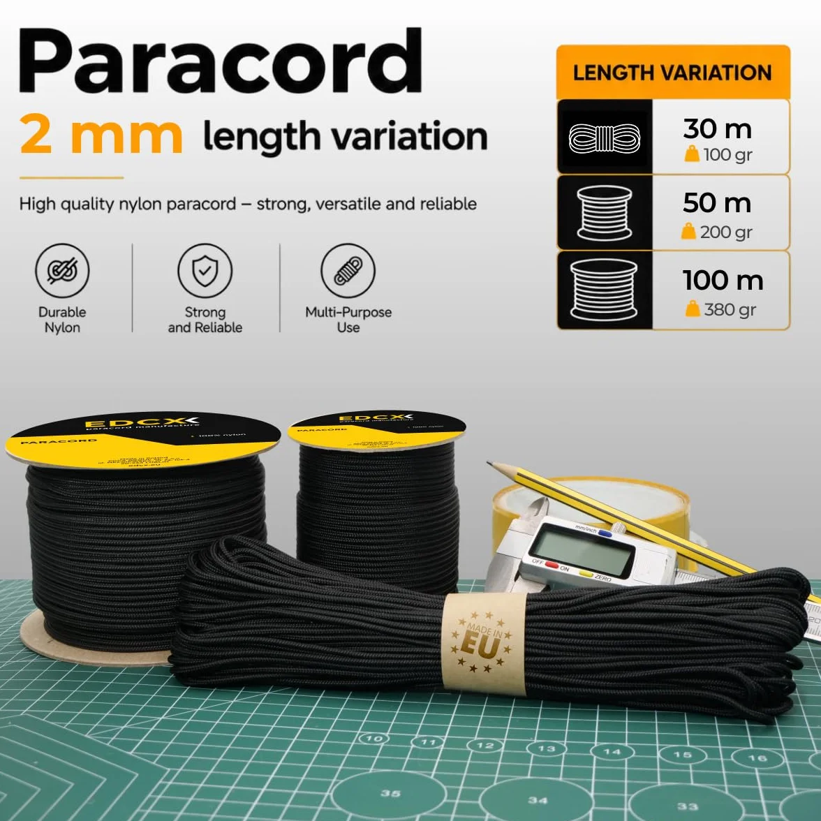 Corde Paracorde 1,2 mm - 8 mm, Noire, 100% Nylon, 10 m à 100 m