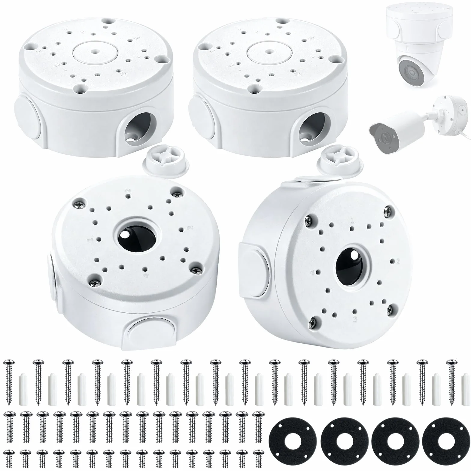 Lot de 4 Boîtes de Jonction pour Caméra en Aluminium, Boîte de Montage Hémisphérique Étanche pour Caméras de Surveillance, Support Universel pour Caméras Dôme et Bullet