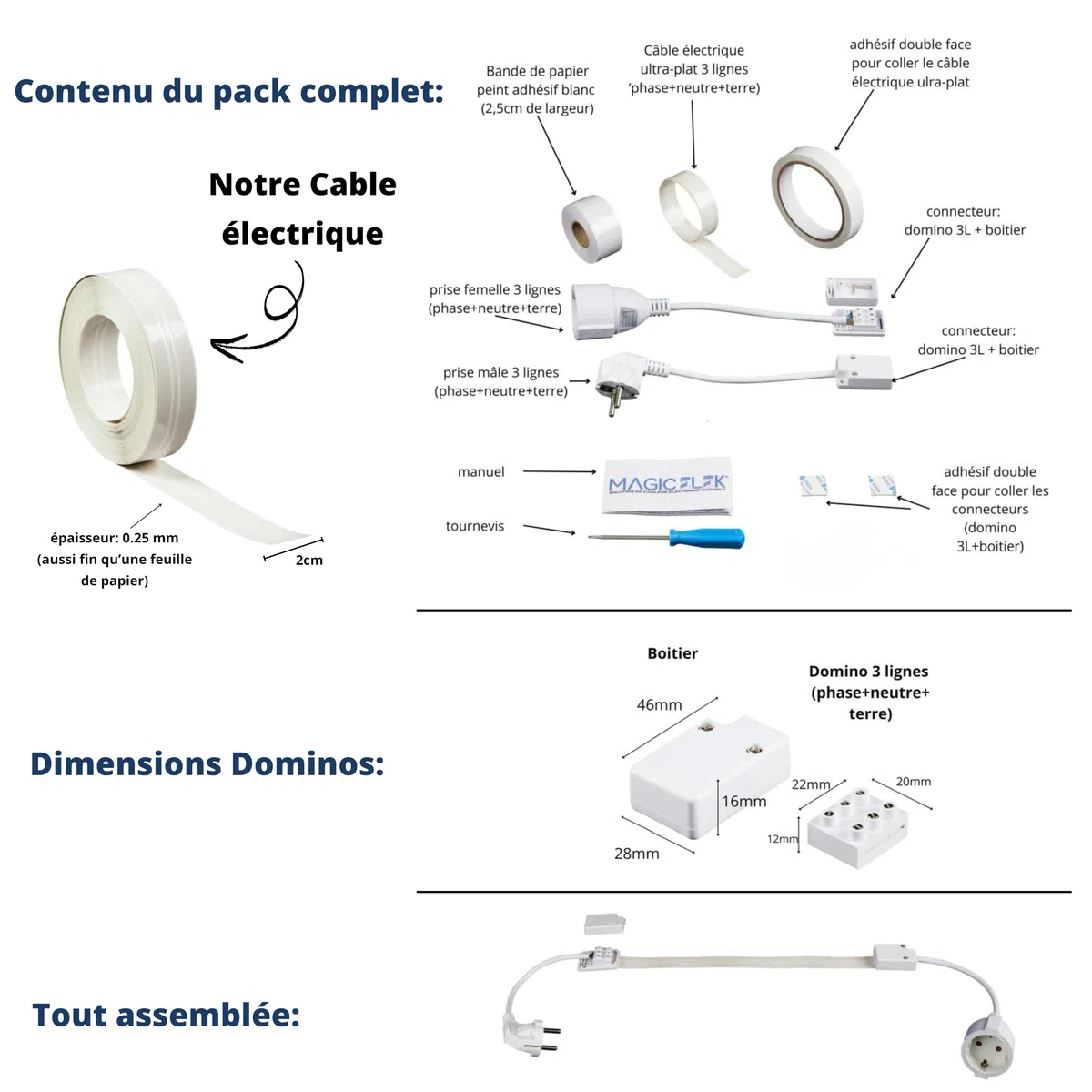 Câble électrique invisible ultra plat 5M 230V/16A 3 lignes