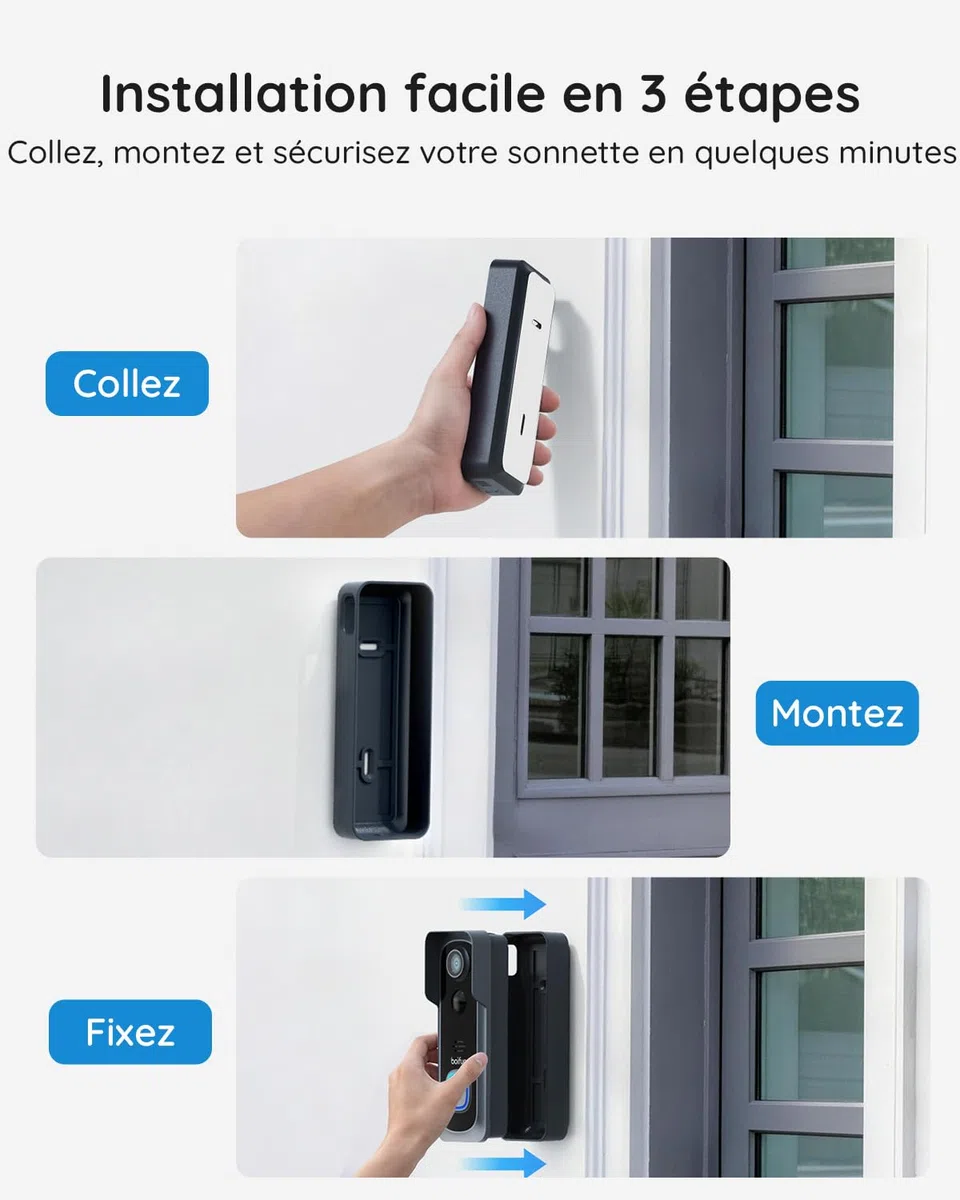 BOIFUN Sonnette sans Fil Exterieur IP65 2K 3MP Wi-Fi 2,4 GHz Grand Angle 166° Vision Nocturne Noir