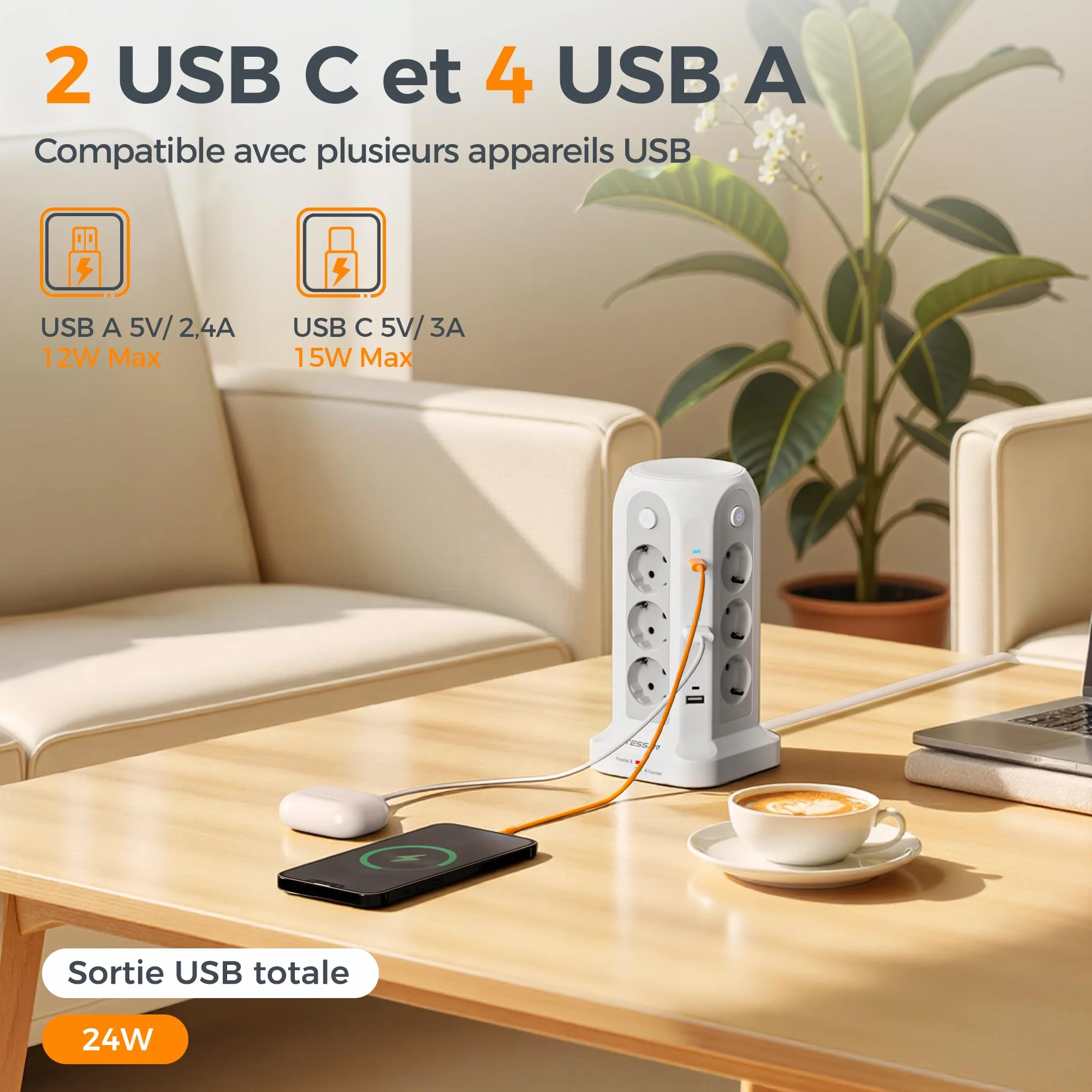 TESSAN Tour Multiprise avec Interrupteur, 12 Prises 6 USB (4A2C) 2m, Parafoudre 3680W Gris