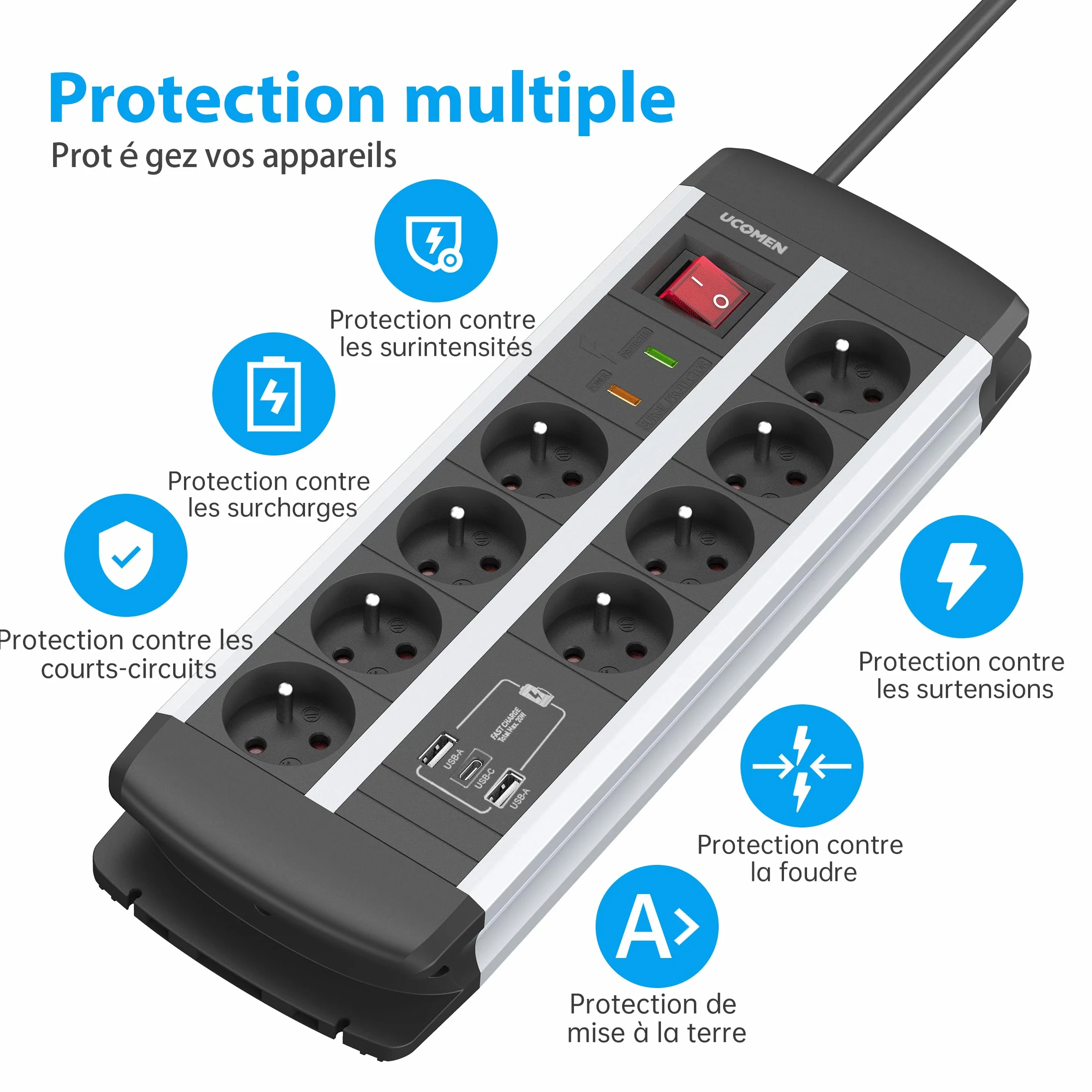 Bloc Multiprise 8 Prises USB A USB C 20W PD Charge Rapide Parafoudre Surtension TUV Interrupteur Fixation Murale 1,5m Prise Française 16A