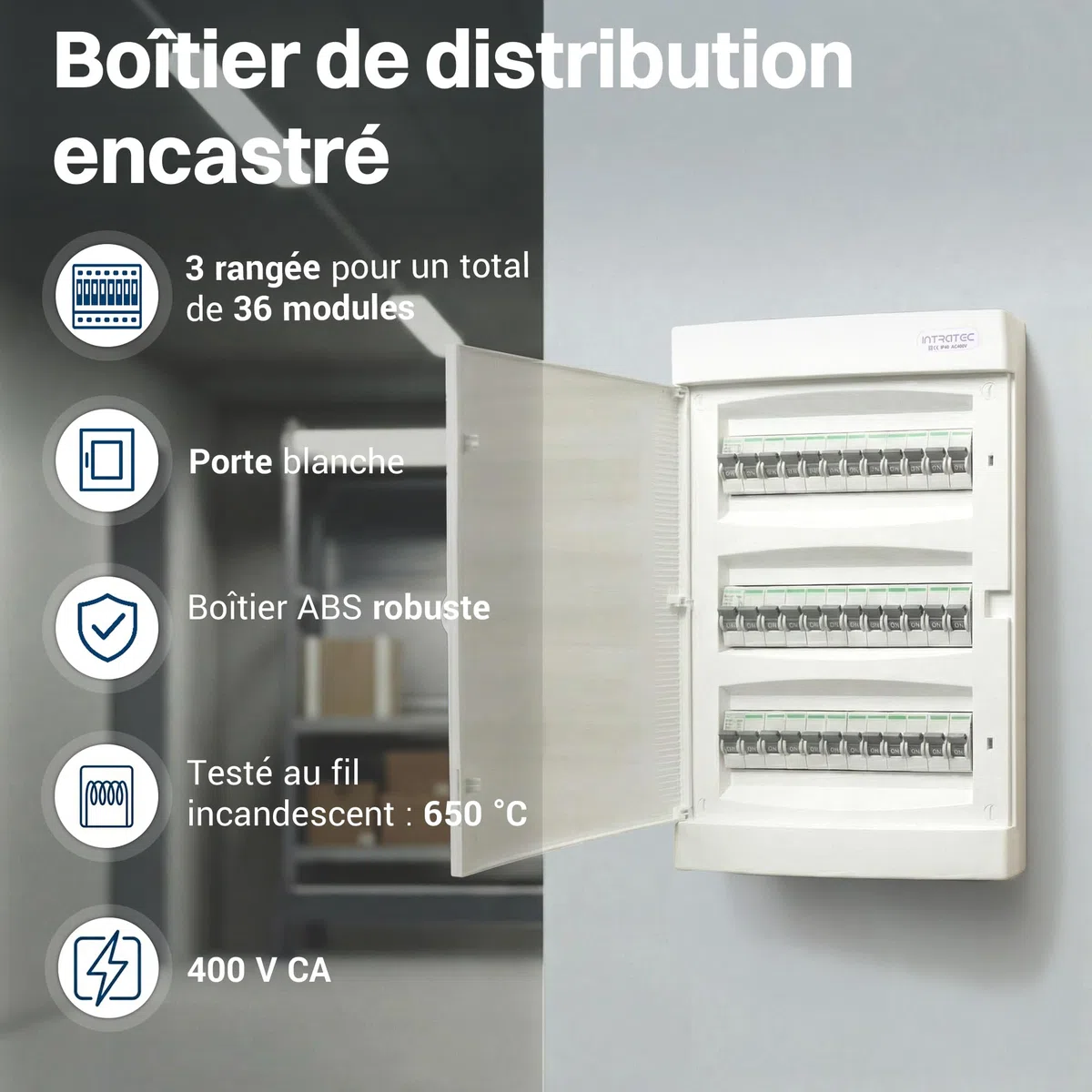 Intratec Coffret de Distribution Encastré IP40 36 Modules 3 Rangée 482 x 283 x 106mm