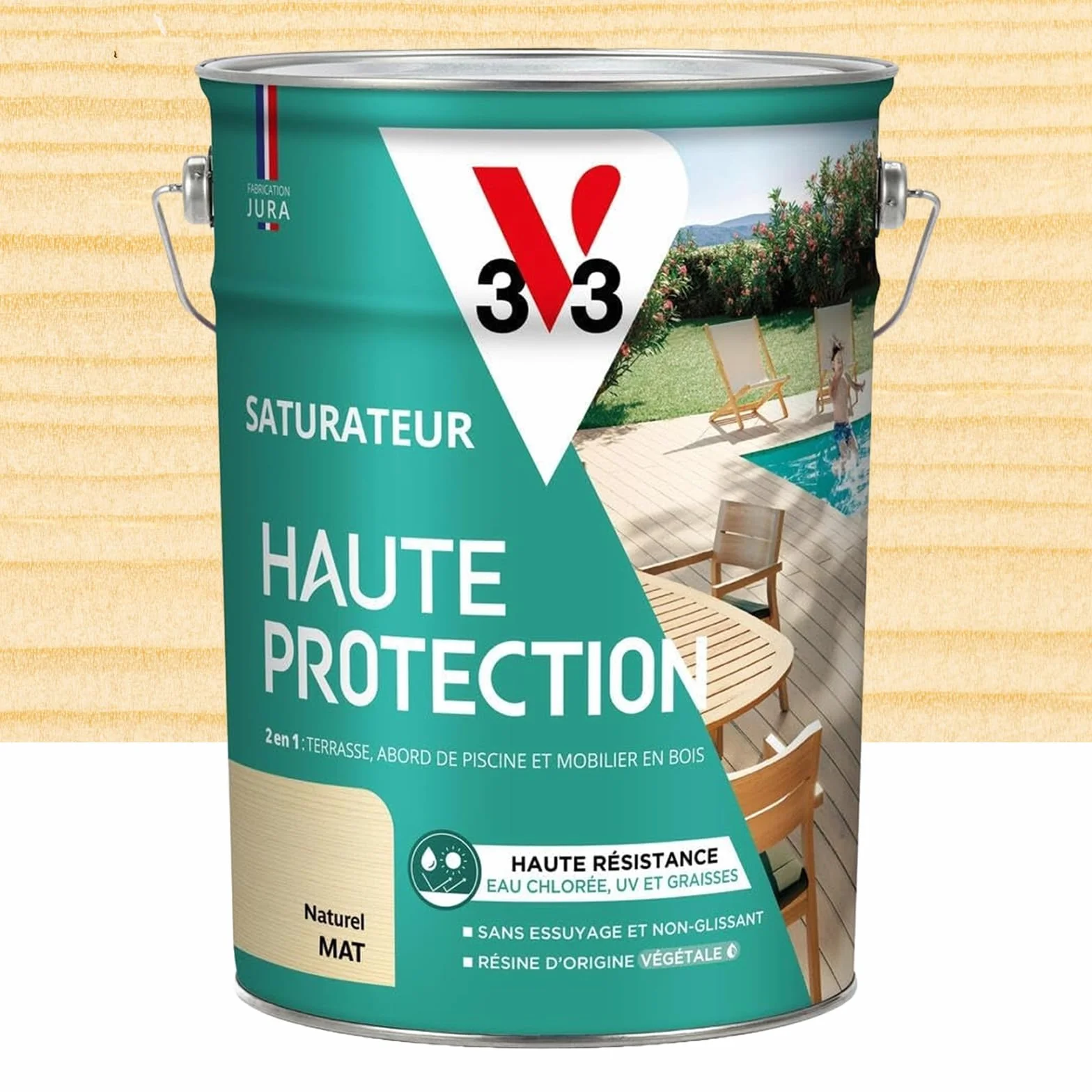 V33 Saturateur bois extérieur Naturel mat 5L - Haute résistance eau chlorée, UV et graisse - Sans essuyage et non glissant