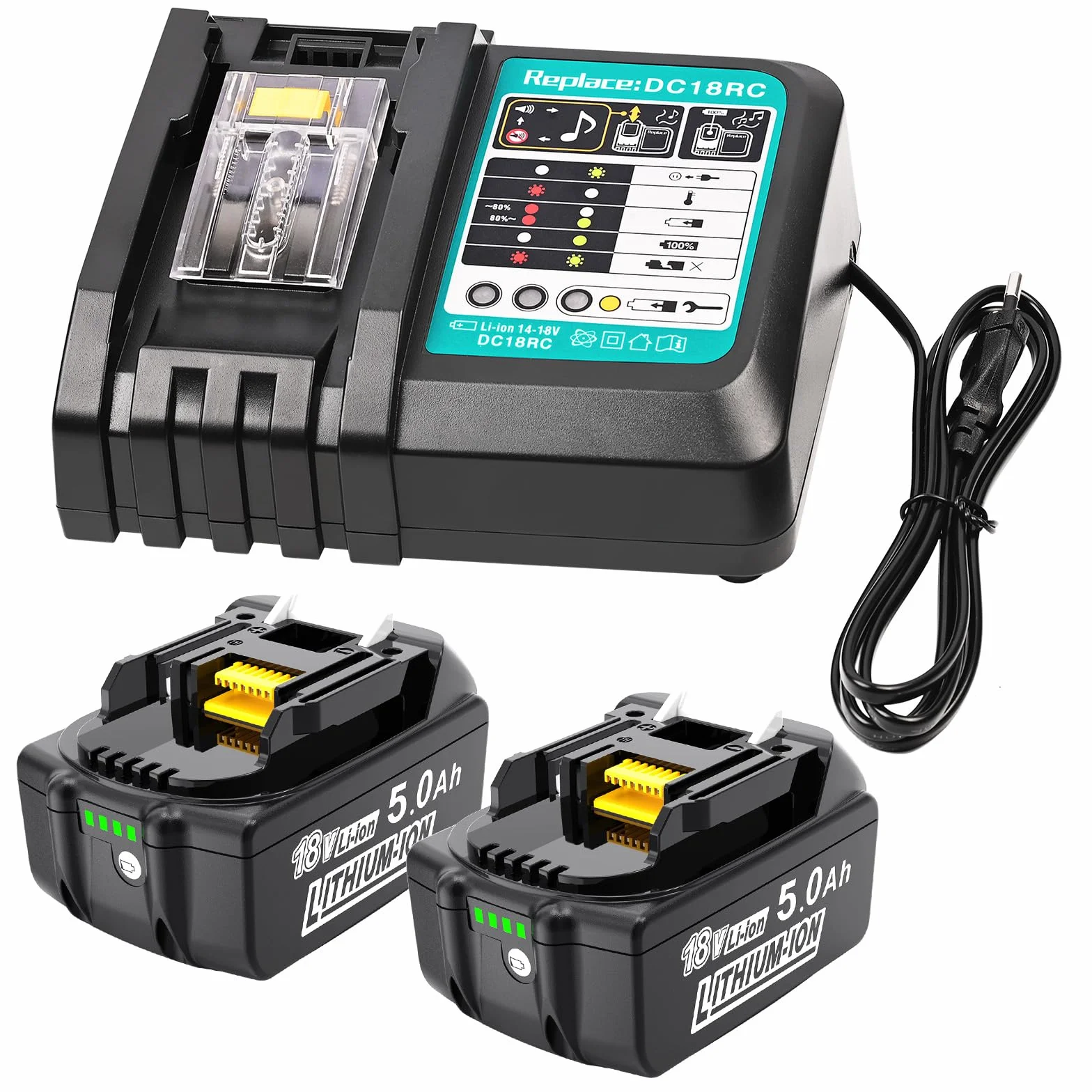 Makita Batterie de rechange 18V 5,0Ah Li-ion 2 pièces compatible BL1850B BL1850 BL1860B BL1860 LXT-400