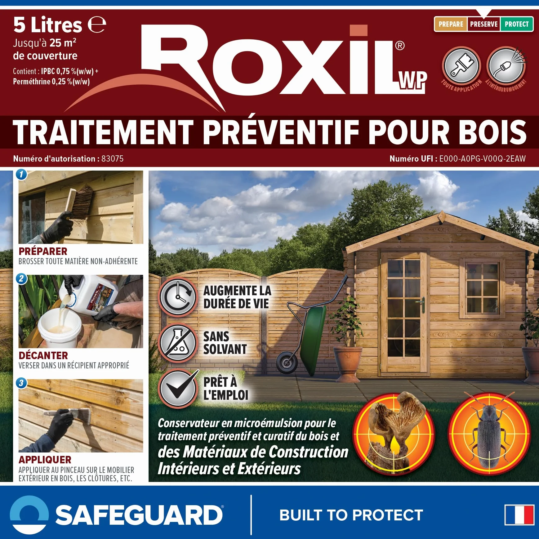 Roxil Lasure Préventive Bois 5L Incolore Extérieur Contre Insectes Xylophages & Pourriture Apprêt Prêt à l’Emploi